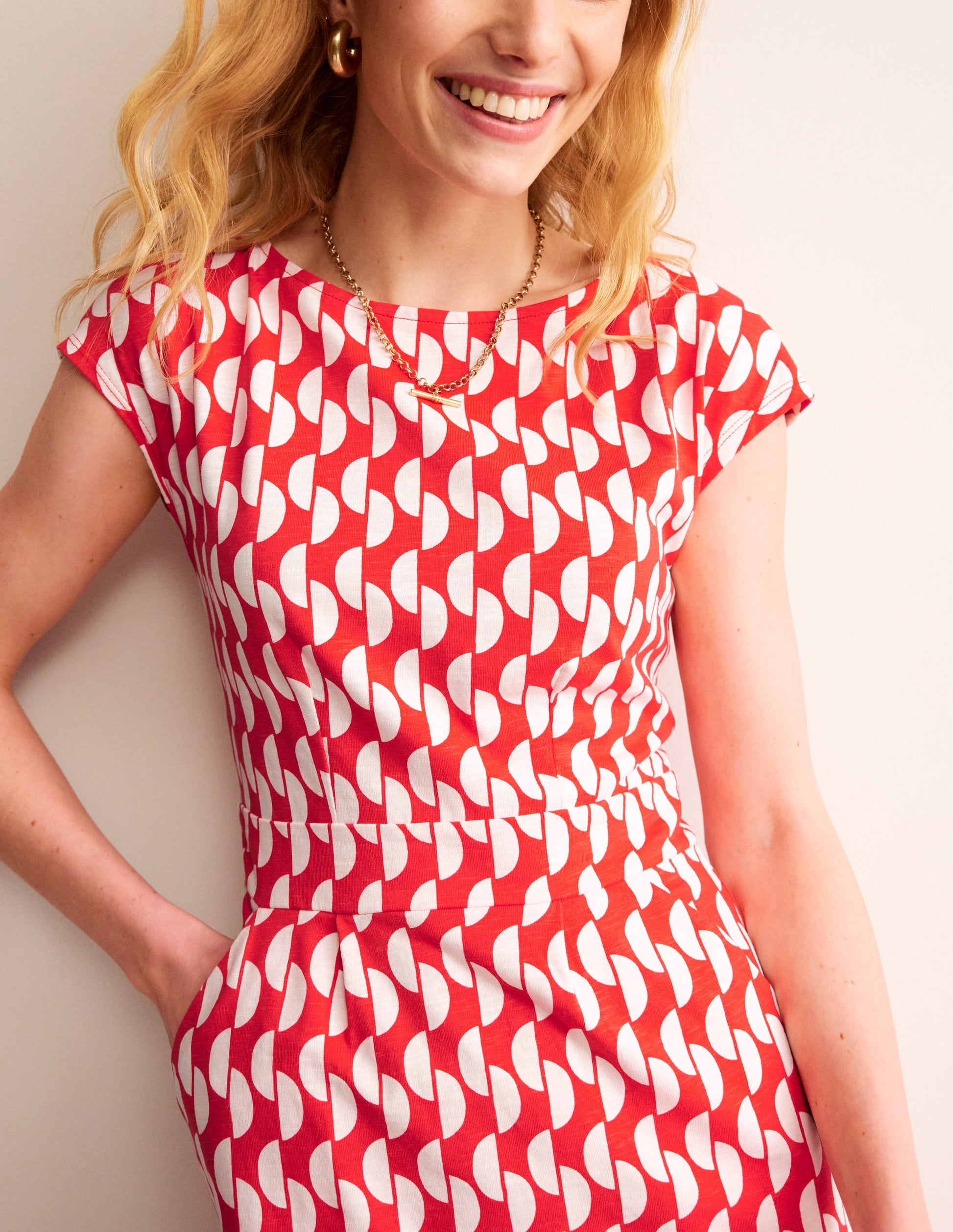 Robe Florrie en jersey-Rouge coquelicot Motif Geo Wave-2