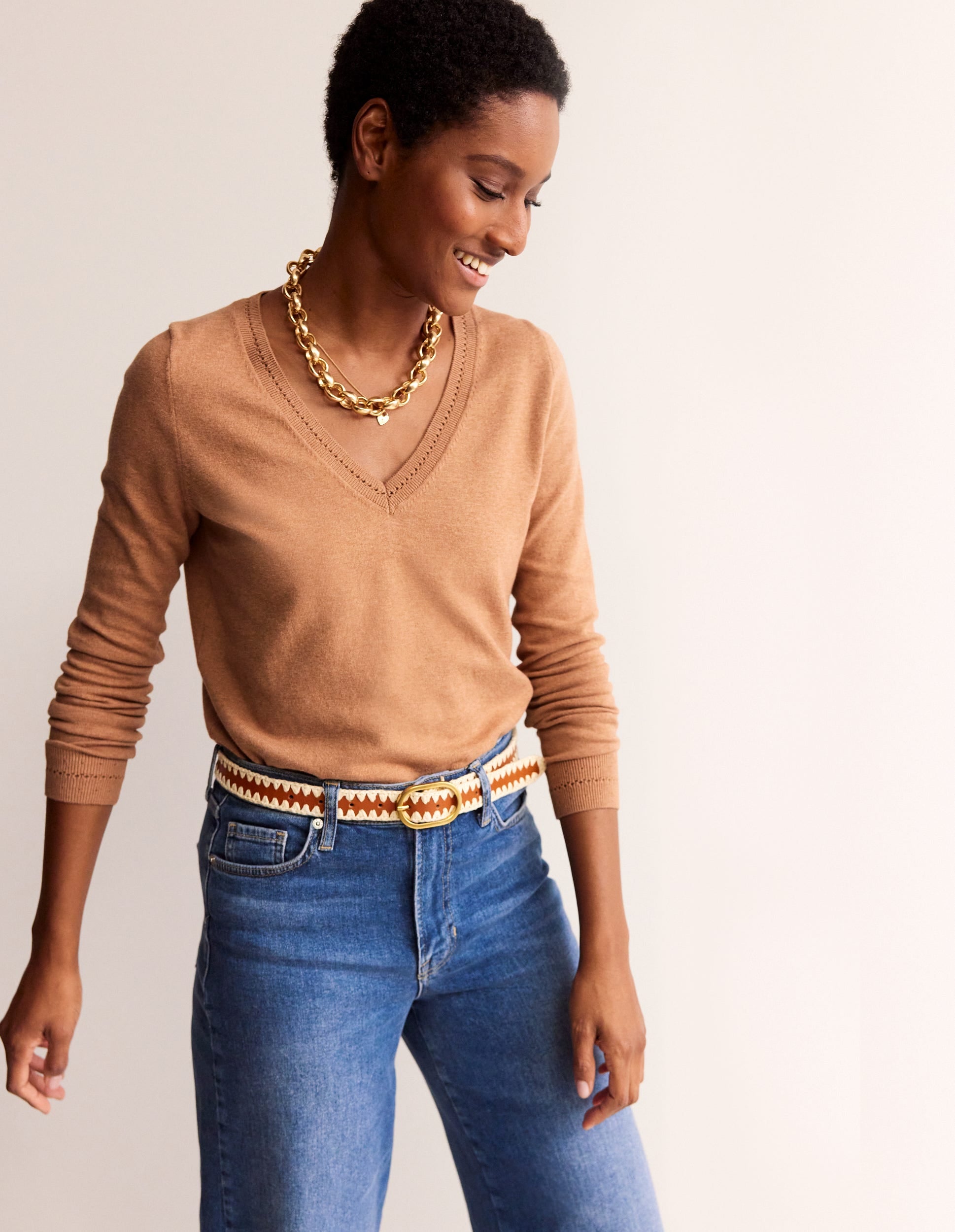 Pull Catriona col V en coton-Camel chiné-4
