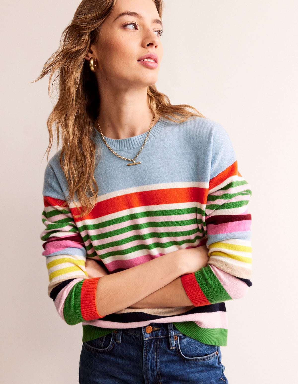 Lydia Kaschmirpullover-Hellblau, Orange Streifen - Image 4