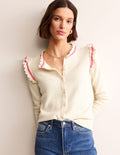 Strickjacke mit gehäkeltem Rüschendetail-Warmes Naturweiß