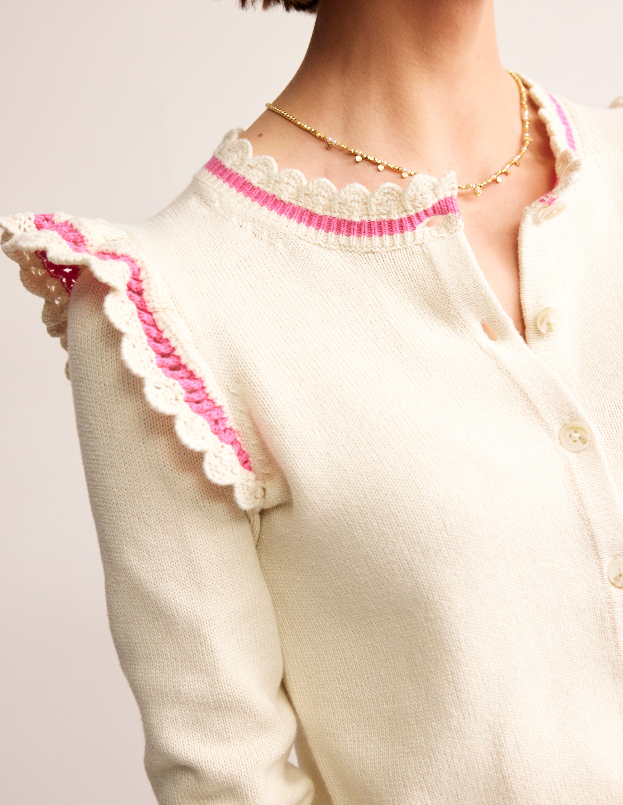 Strickjacke mit gehäkeltem Rüschendetail-Warmes Naturweiß - Image 2