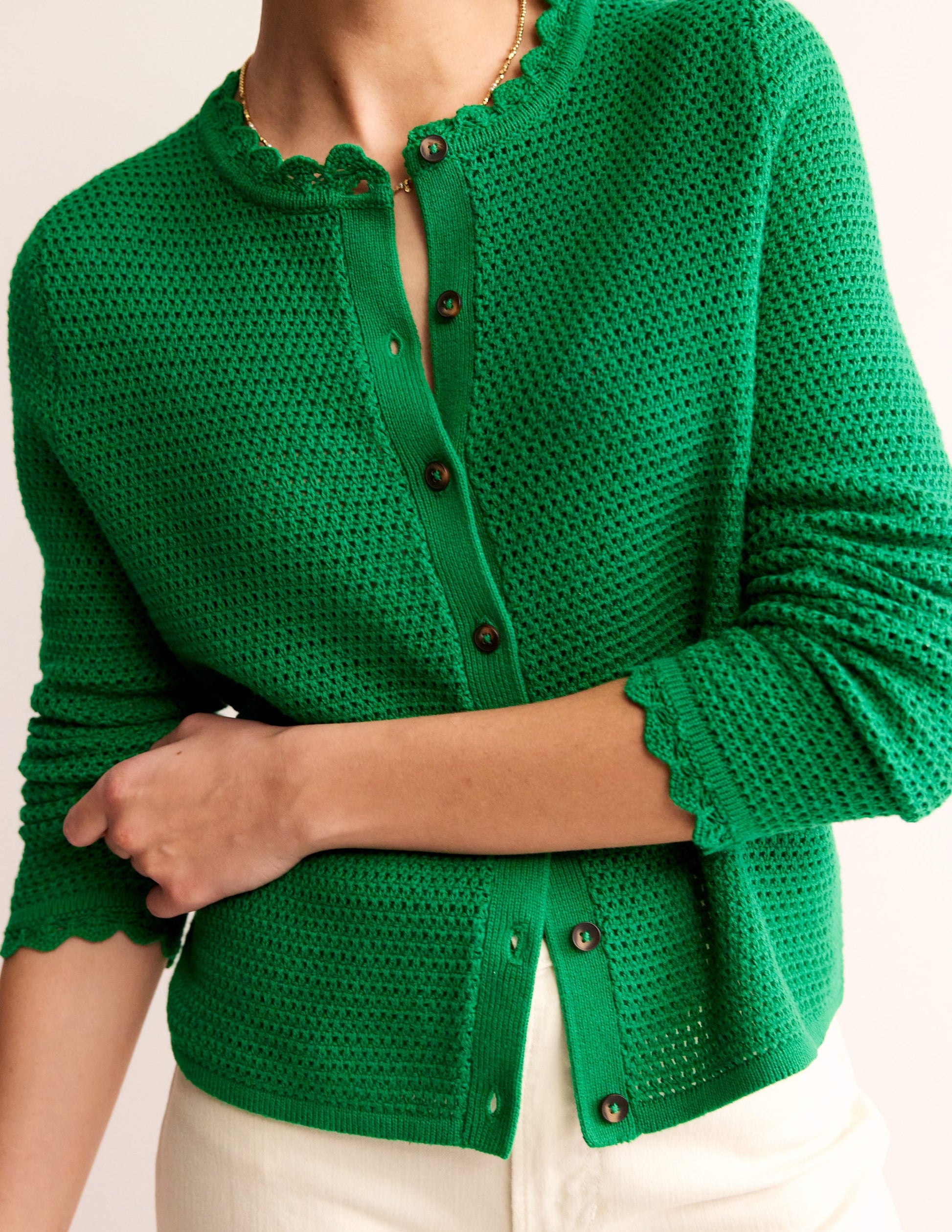 Texturierte Strickjacke mit Muschelsaum-Grünes Tamburin-2