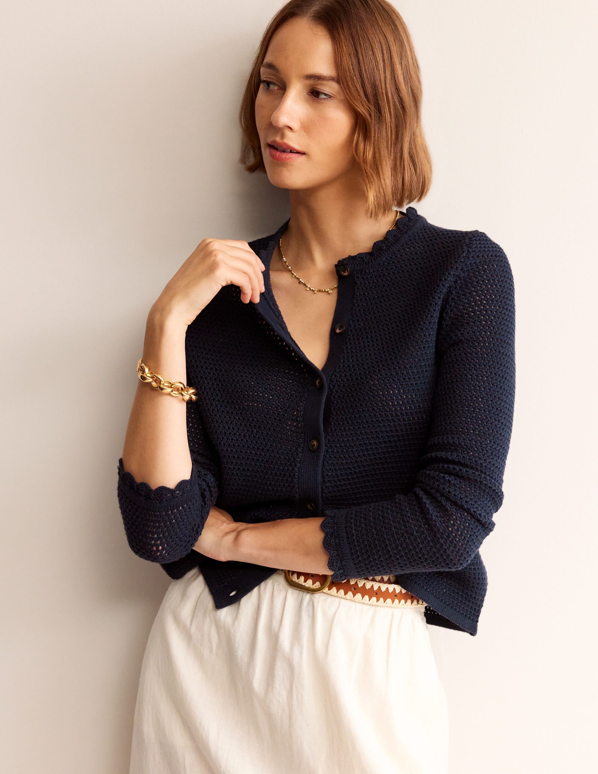 Textured Scallop Cardigan-Navy - Image 1