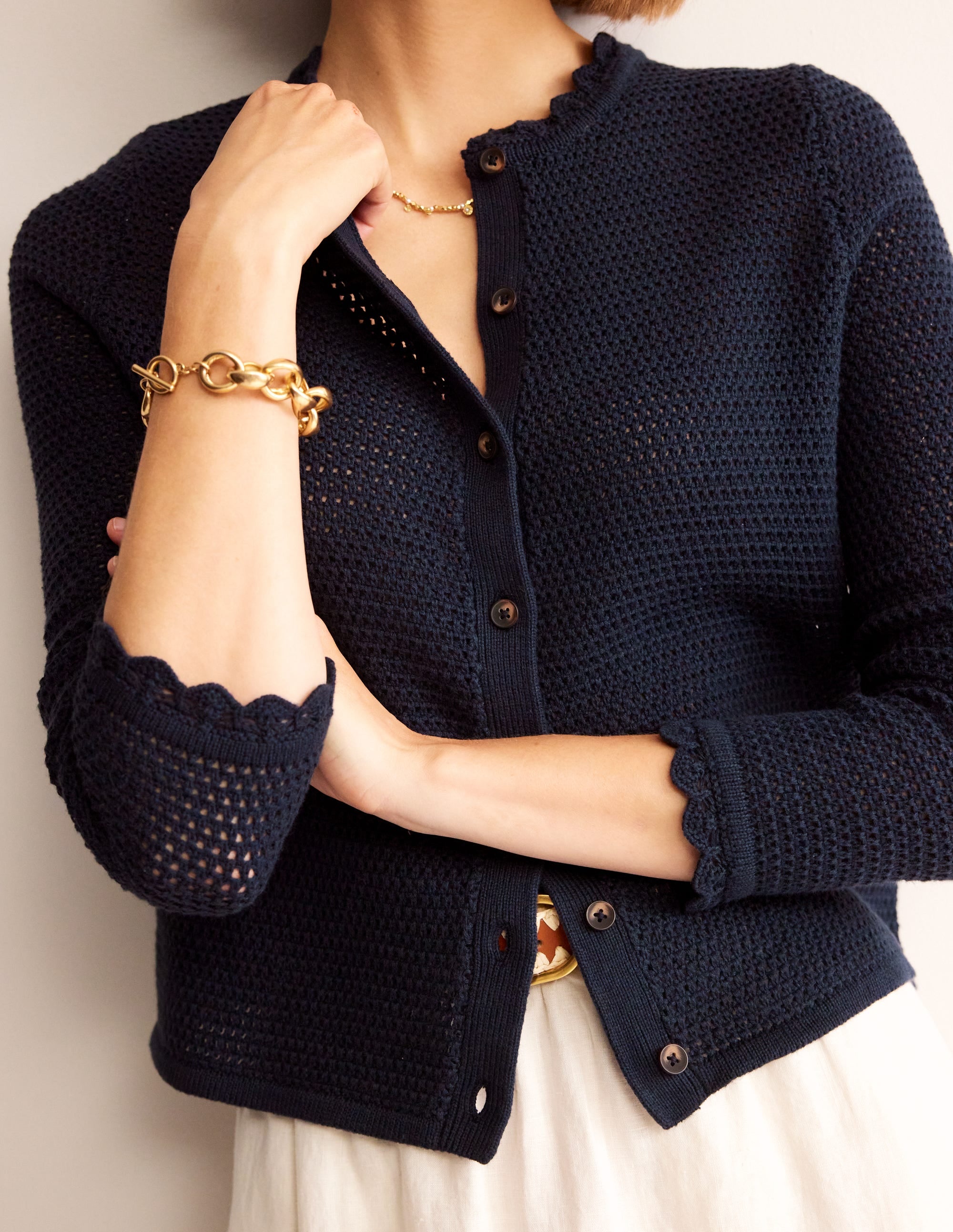 Textured Scallop Cardigan-Navy - Image 2
