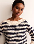 Texturierter Baumwollpullover mit Streifen-Marineblau, Naturweiß texturierte Streifen