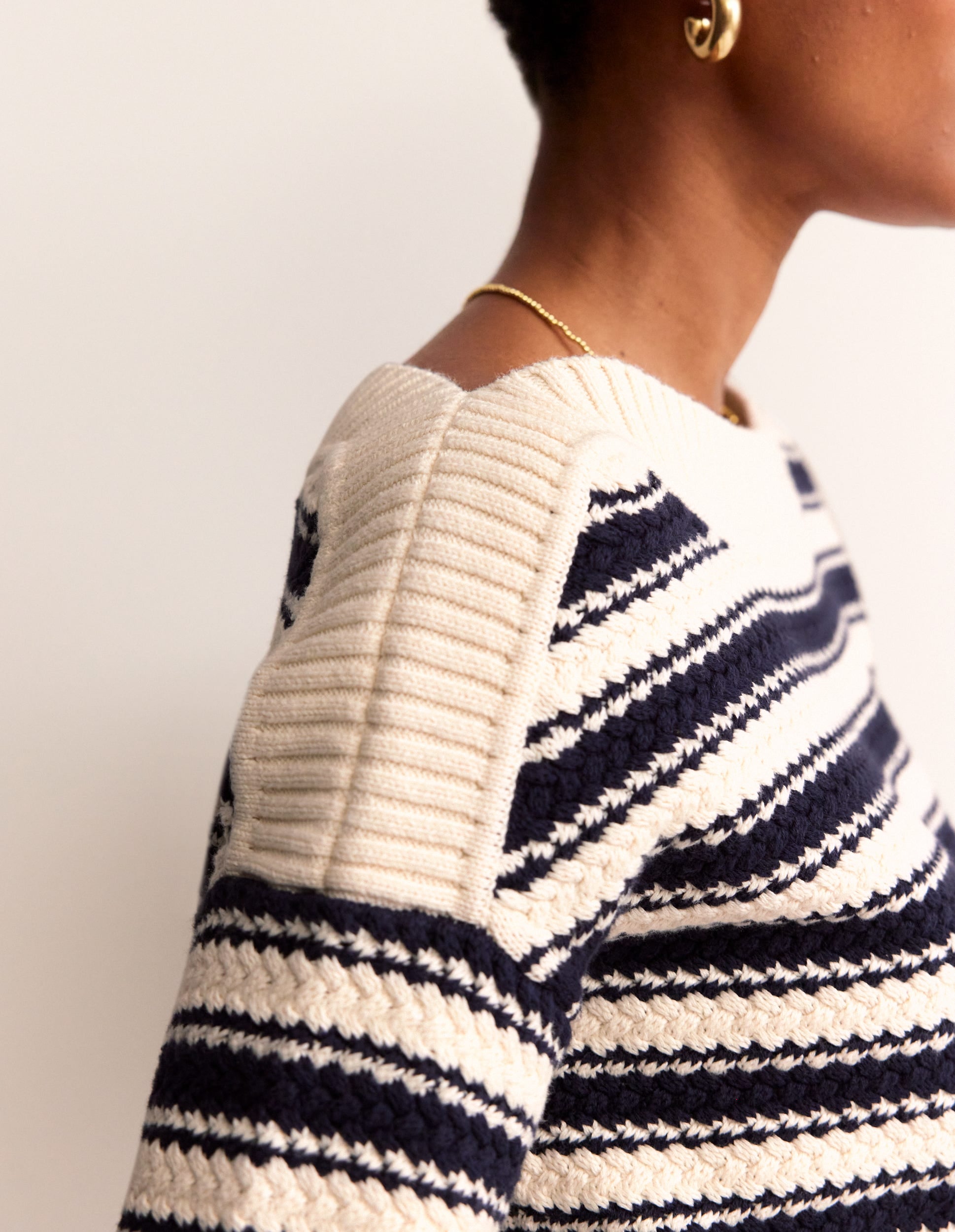 Texturierter Baumwollpullover mit Streifen-Marineblau, Naturweiß texturierte Streifen - Image 3