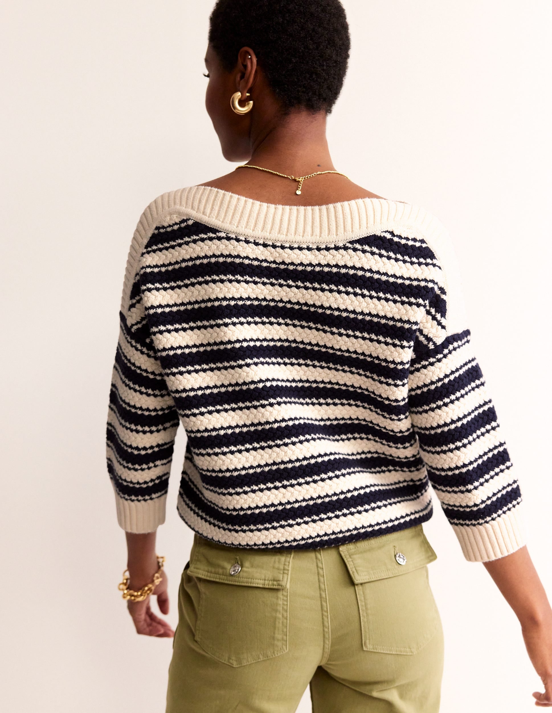 Texturierter Baumwollpullover mit Streifen-Marineblau, Naturweiß texturierte Streifen-4
