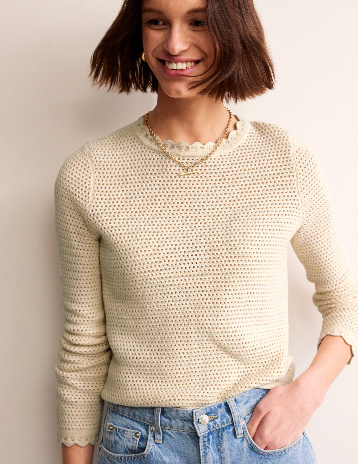 Texturierter Pullover mit Muschelsaum-Warmes Naturweiß-1