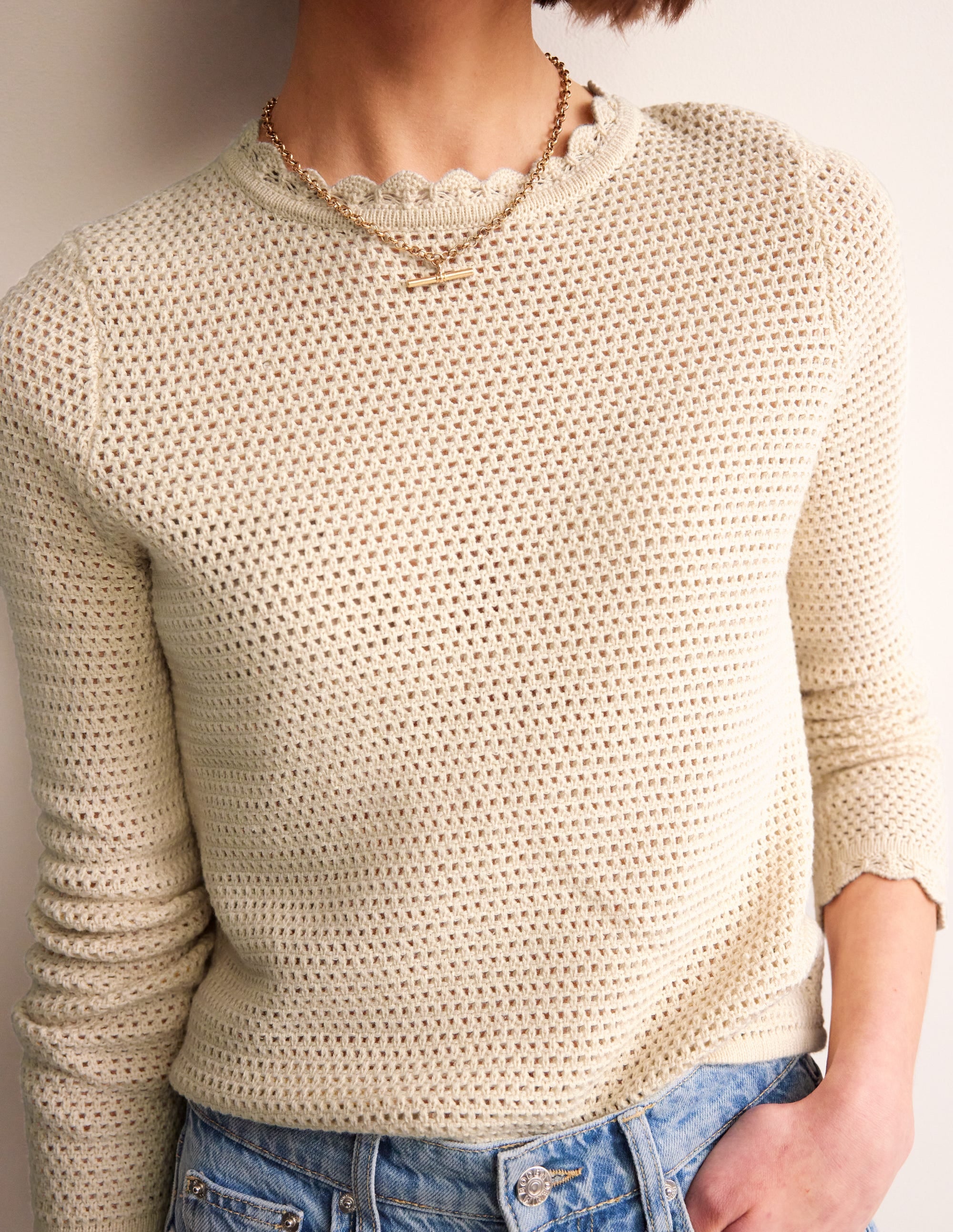 Texturierter Pullover mit Muschelsaum-Warmes Naturweiß - Image 2