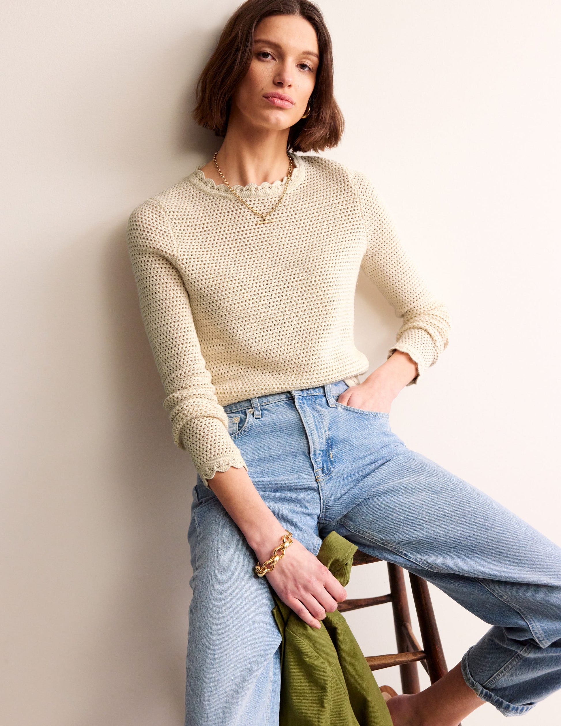 Texturierter Pullover mit Muschelsaum-Warmes Naturweiß-4