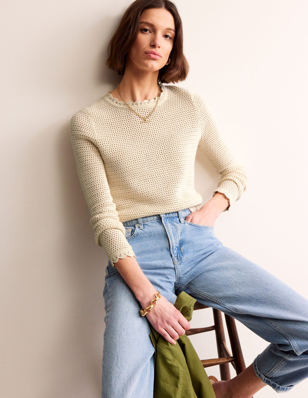 Texturierter Pullover mit Muschelsaum-Warmes Naturweiß - Image 4