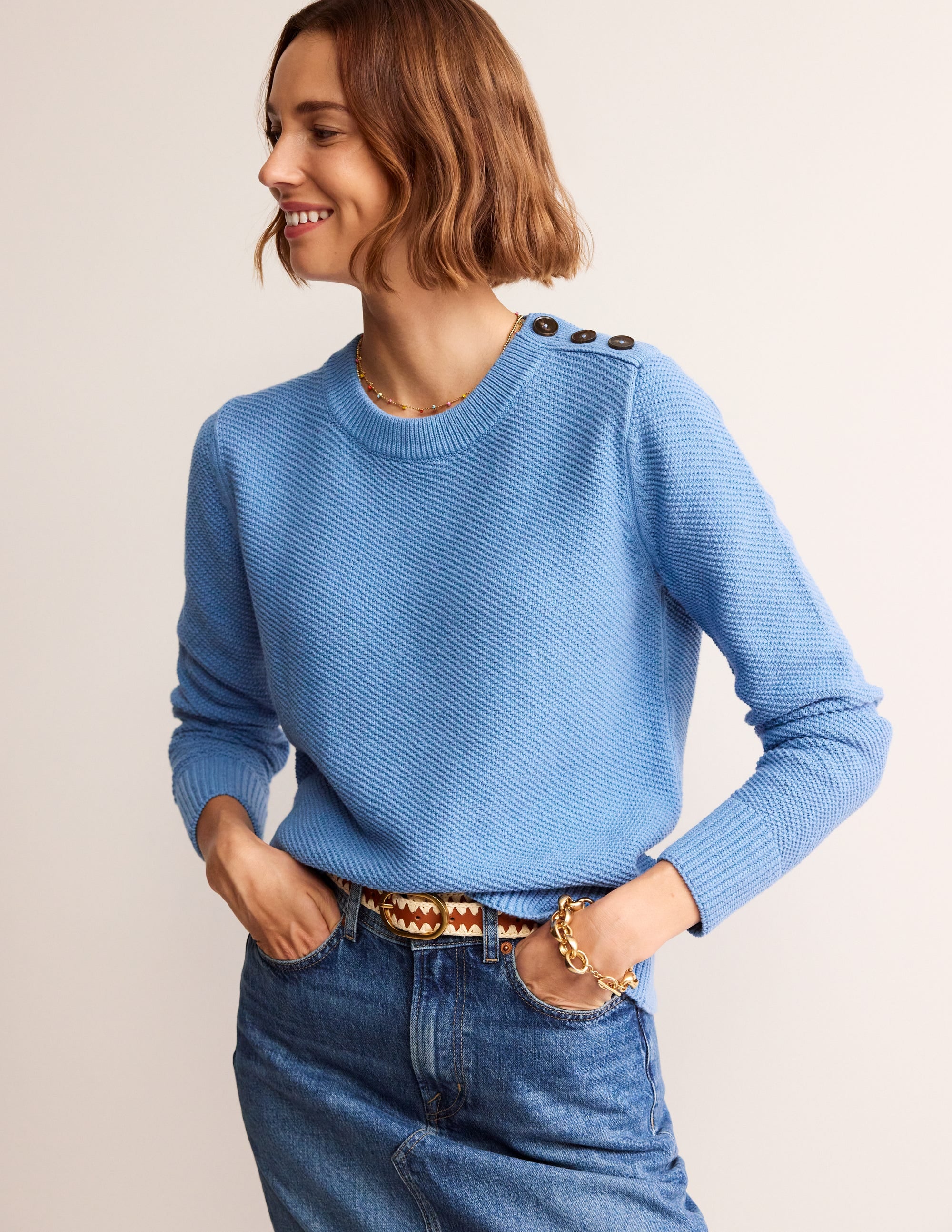 Pullover mit Knopfdetail und Ziernaht-Porzellanblau - Image 1