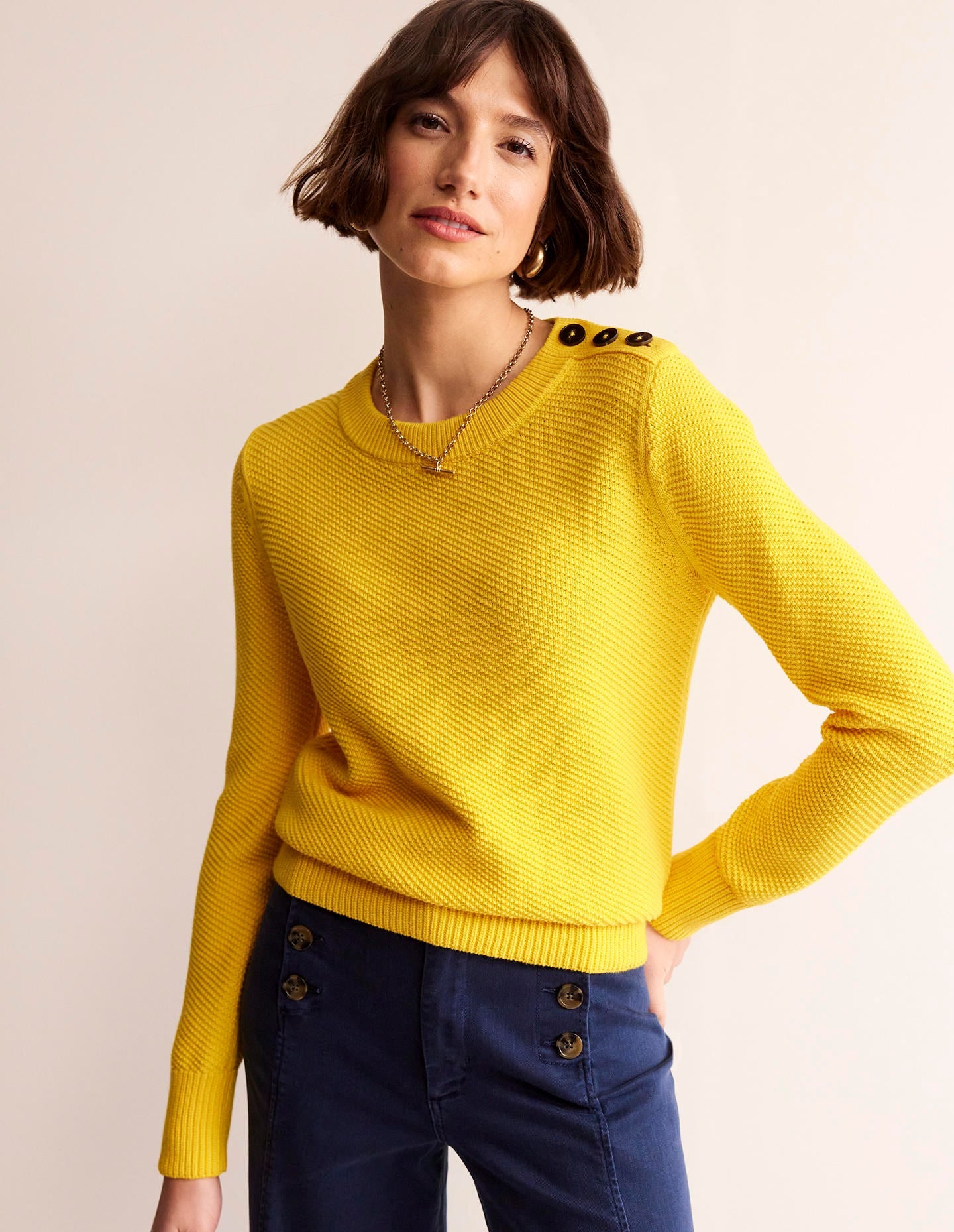 Button Detail Stitch Jumper-Super Lemon Yellow-2