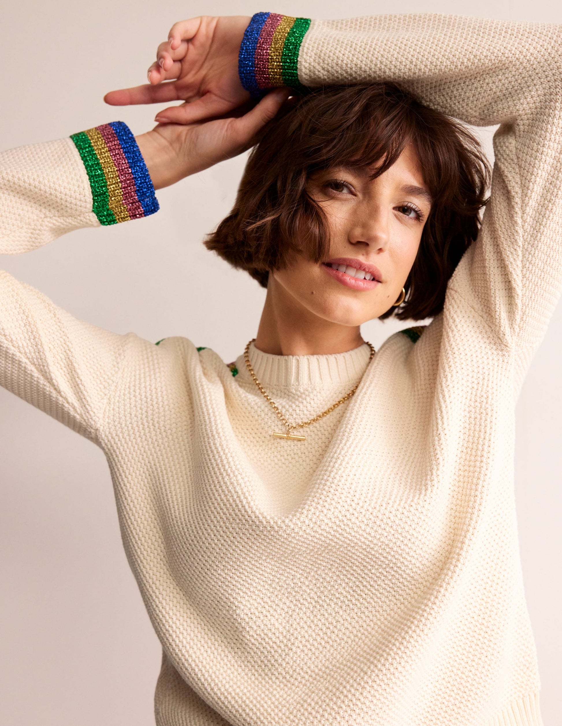 Pullover mit Metallic-Streifen-Warmes Naturweiß-1