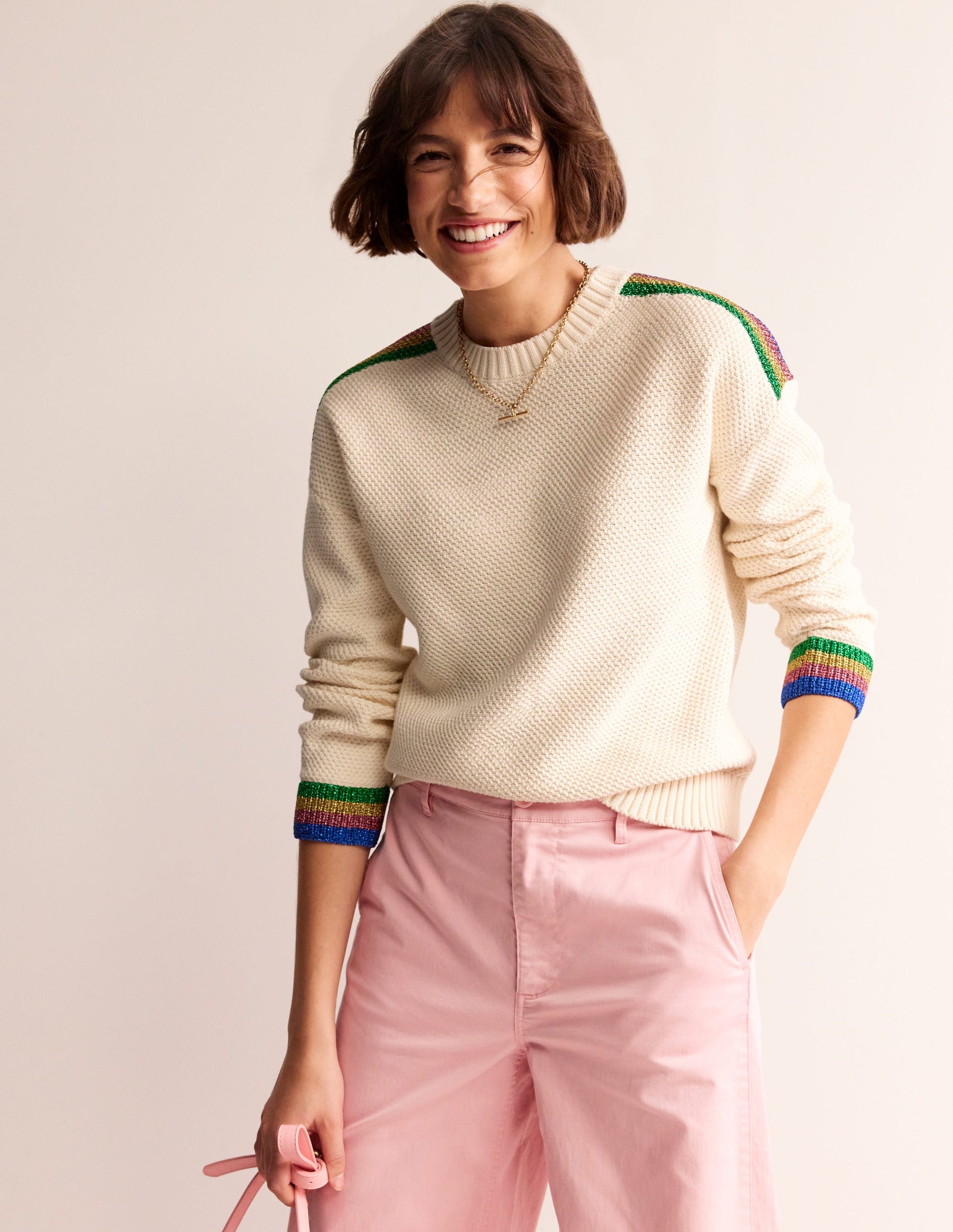Pullover mit Metallic-Streifen-Warmes Naturweiß-2