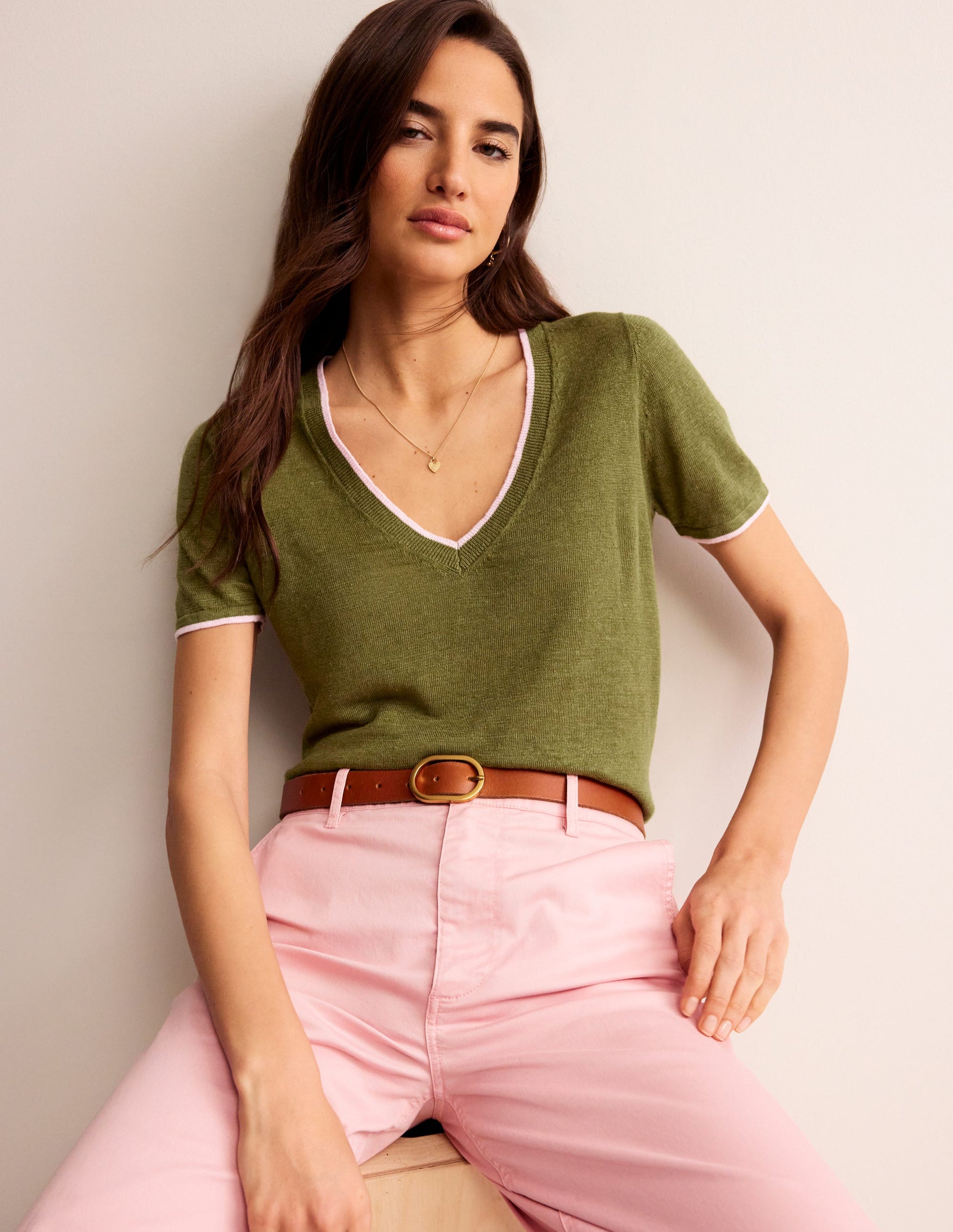 Maggie V-Neck Linen T-Shirt-Mayfly Green-1