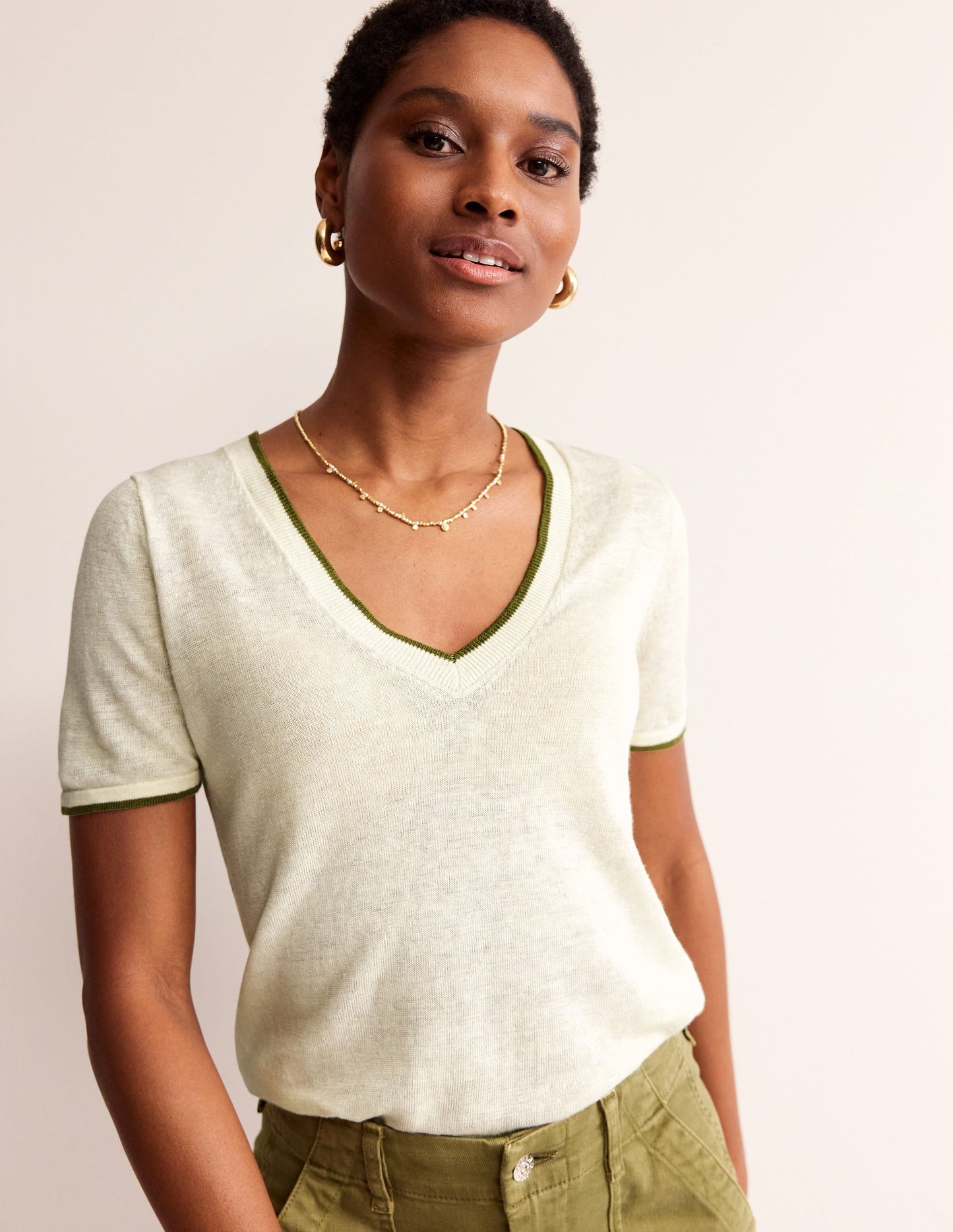 Maggie V-Neck Linen T-Shirt-Warm Ivory