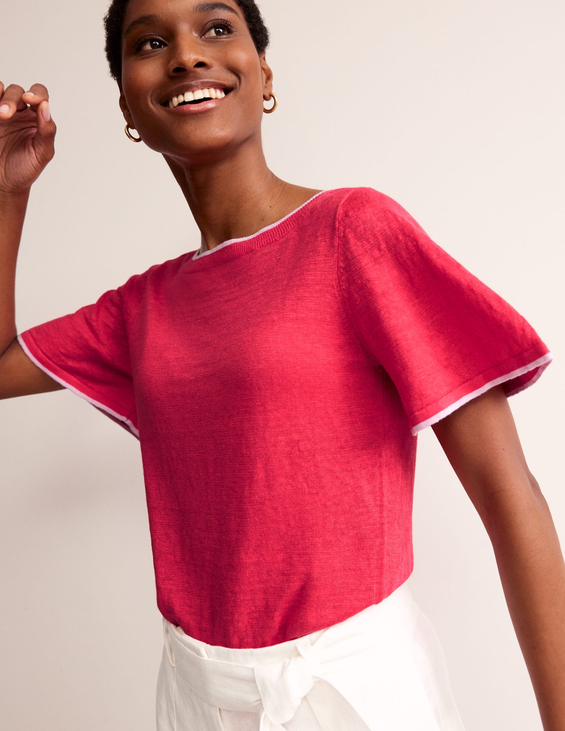 Maggie Boat Neck Linen T-Shirt-Bright Coral-1