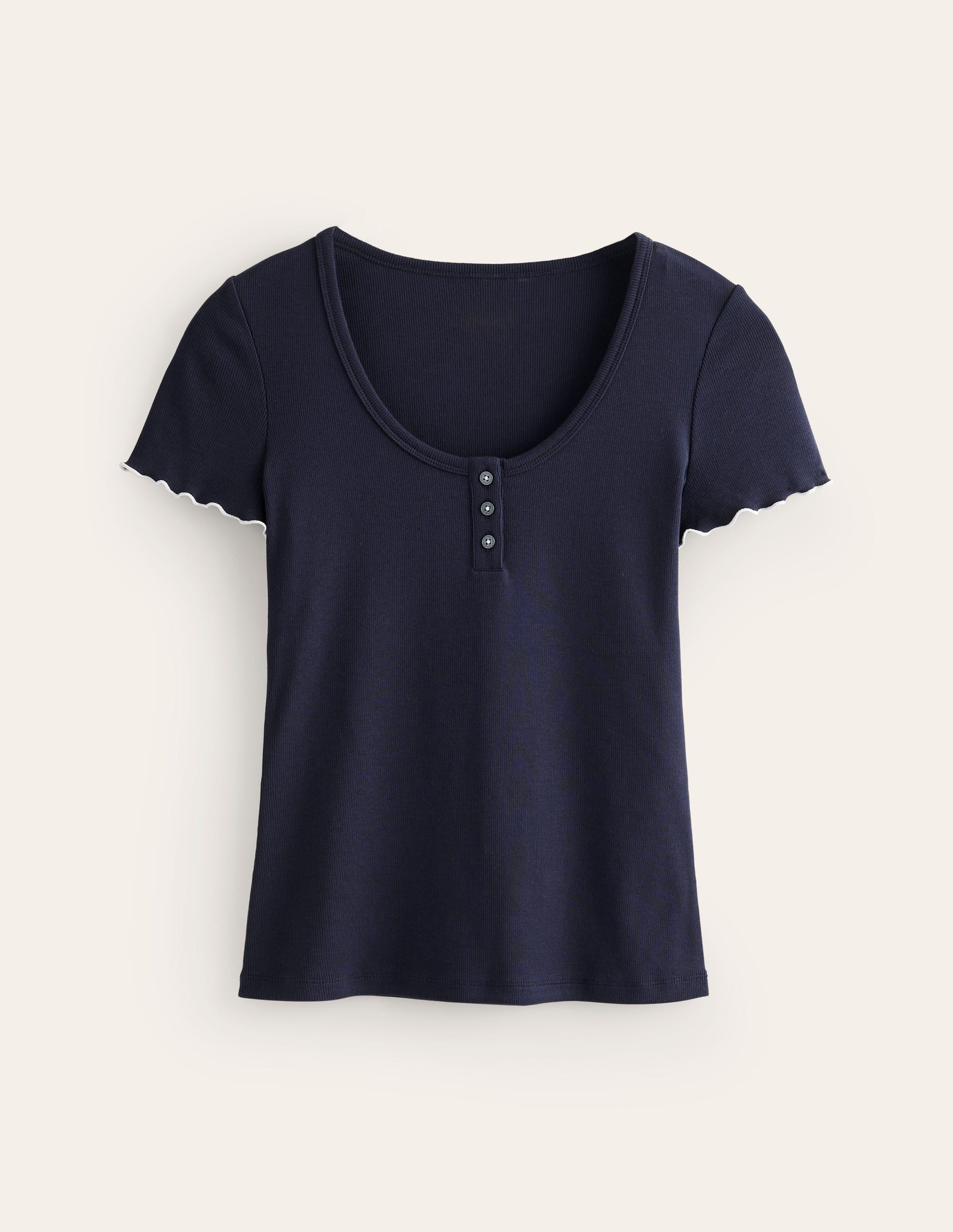 Haut de pyjama à col U et ourlet ondulé-Bleu marine-5