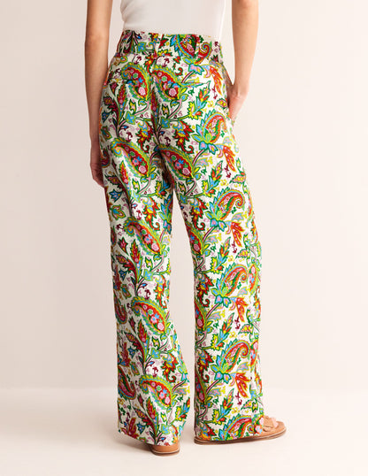 Pantalon Westbourne en lin-Ivoire, motif Paisley Azure