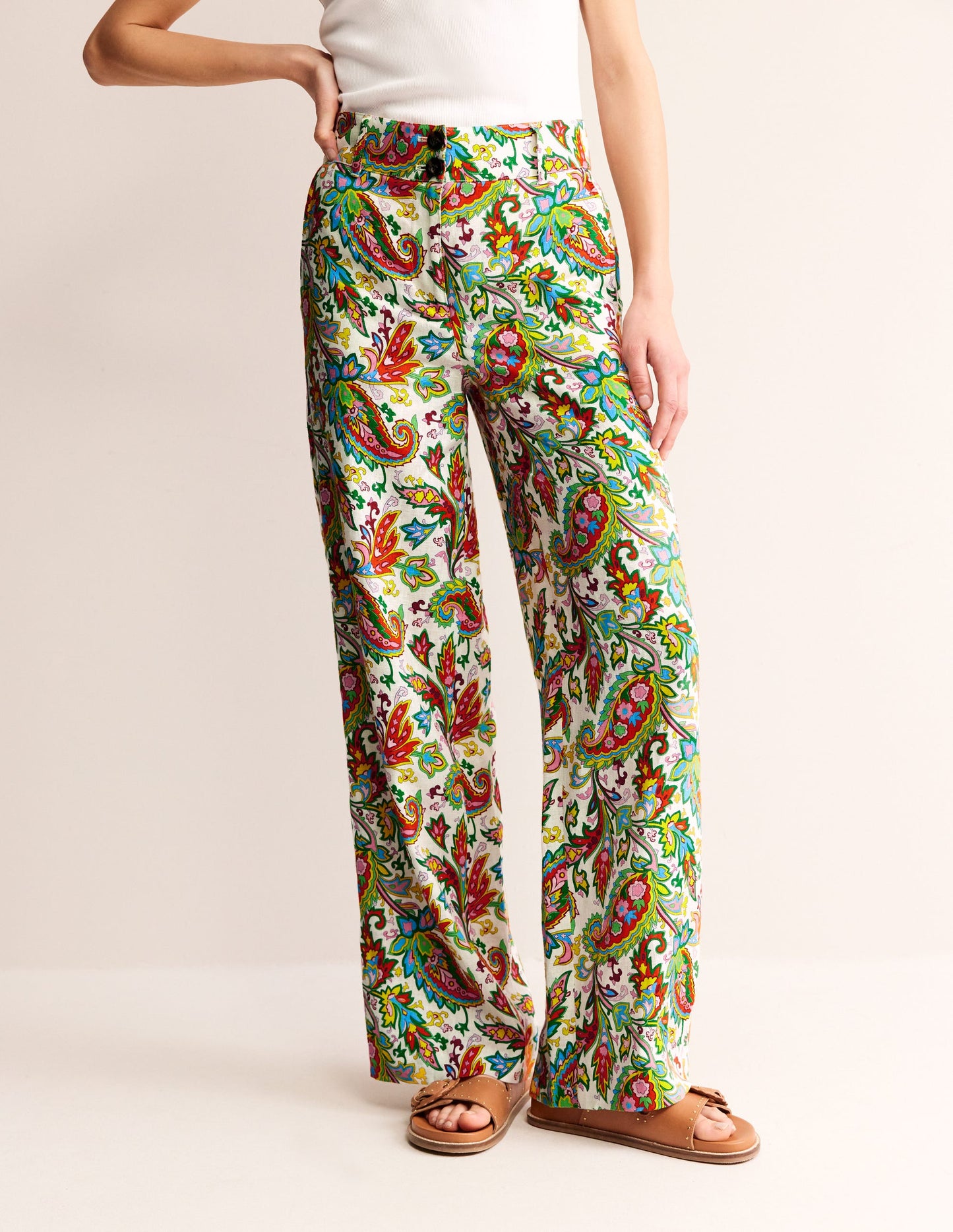 Pantalon Westbourne en lin-Ivoire, motif Paisley Azure