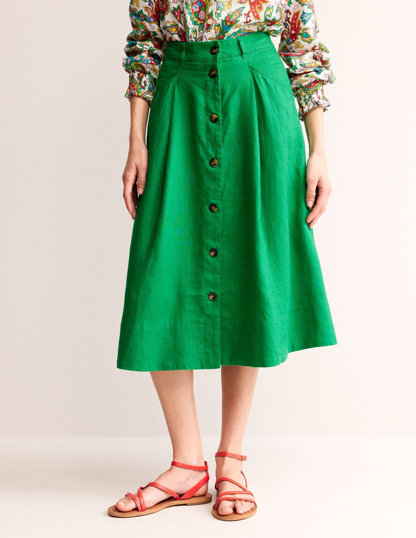 Petra Linen Midi Skirt-Green Tambourine