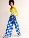 Pantalon palazzo en satin de coton-Vichy bleu nautique et ivoire