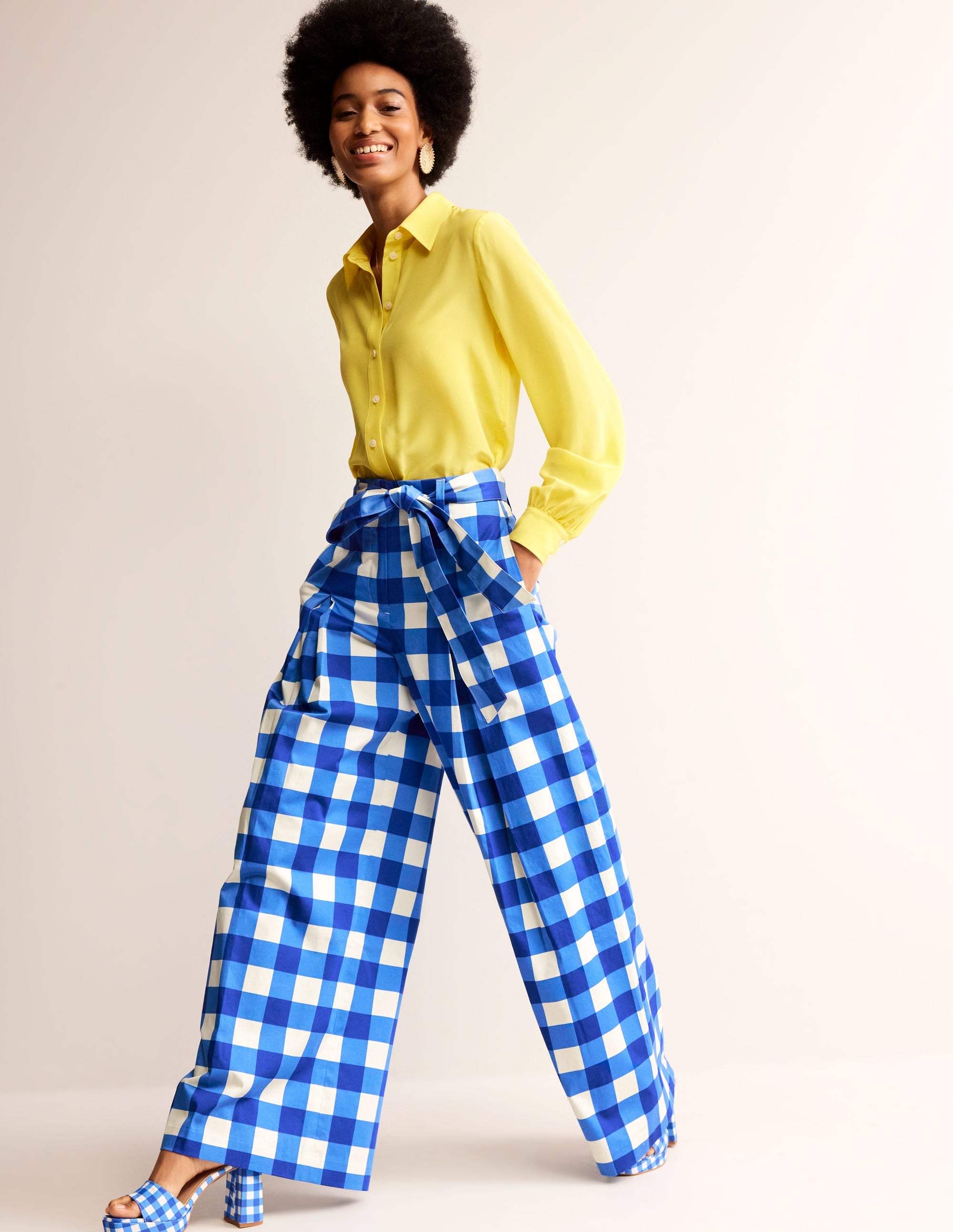 Pantalon palazzo en satin de coton-Vichy bleu nautique et ivoire - Image 1