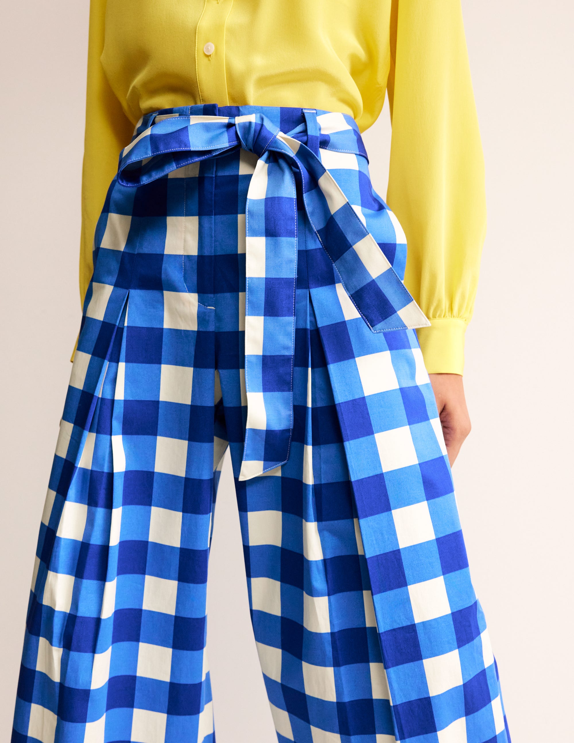 Pantalon palazzo en satin de coton-Vichy bleu nautique et ivoire - Image 2