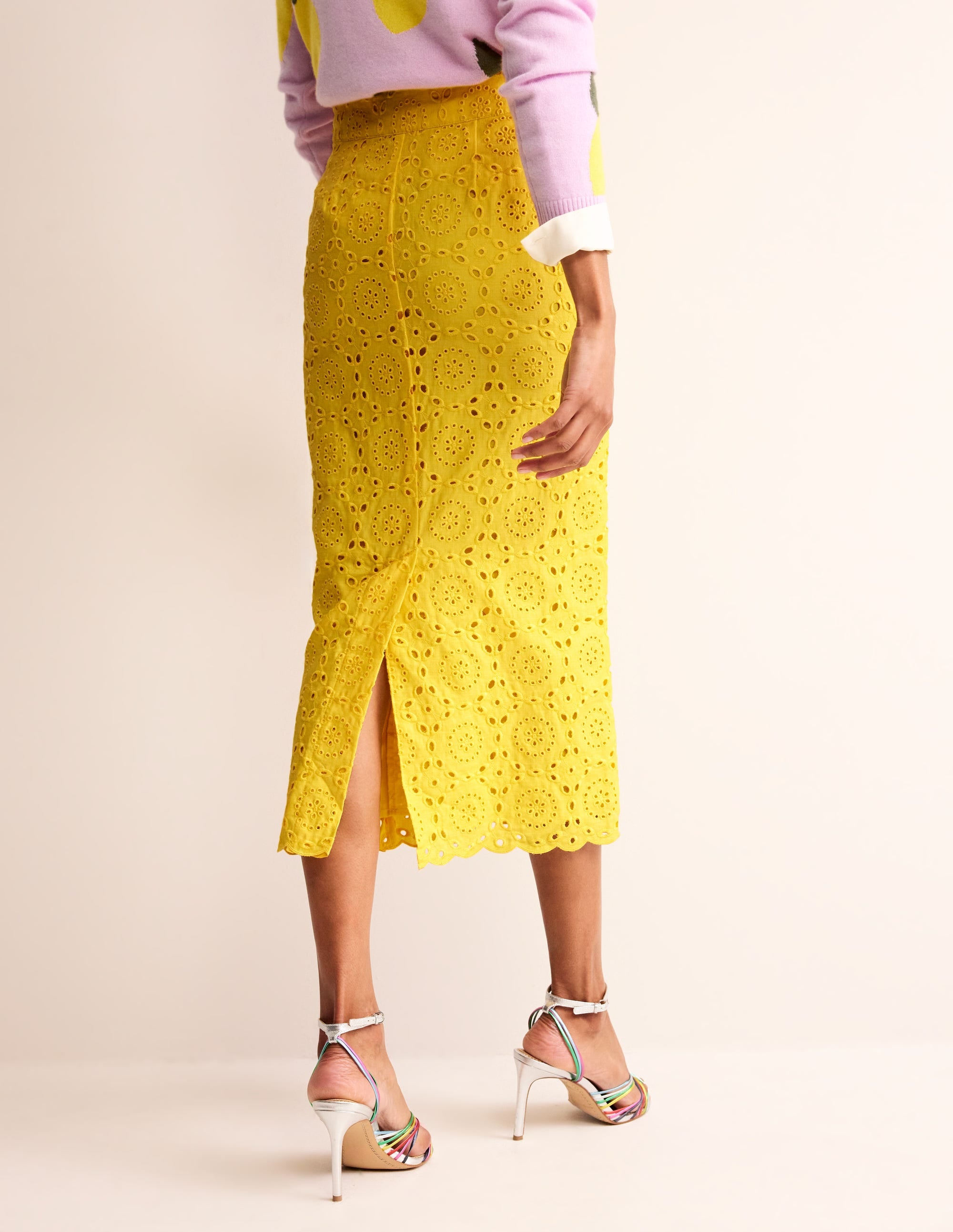 Jupe colonne avec broderie anglaise-Jaune vif - Image 3