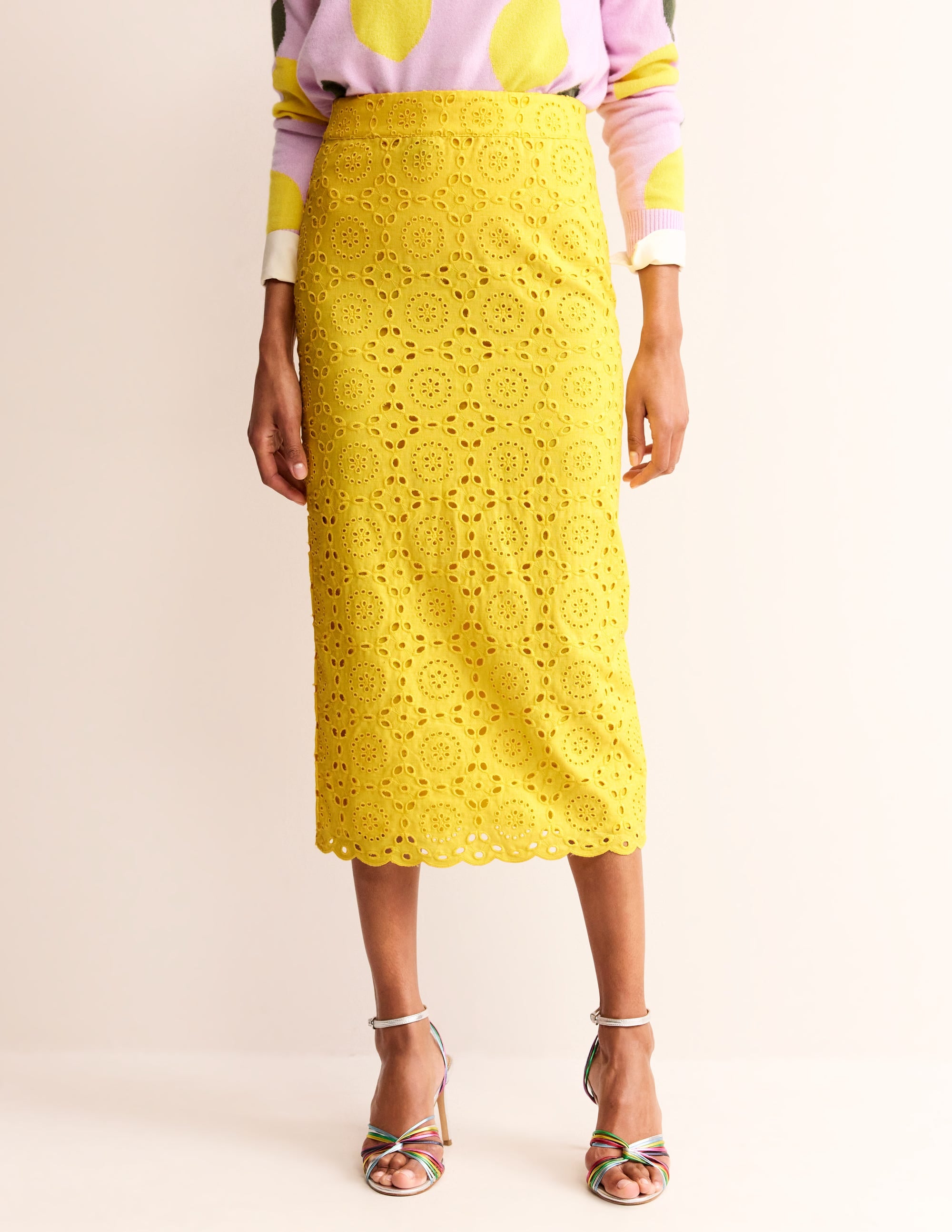 Jupe colonne avec broderie anglaise-Jaune vif - Image 4
