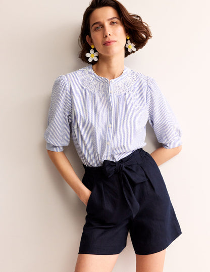 Tie Waist Linen Shorts-Navy