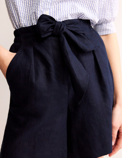 Tie Waist Linen Shorts-Navy