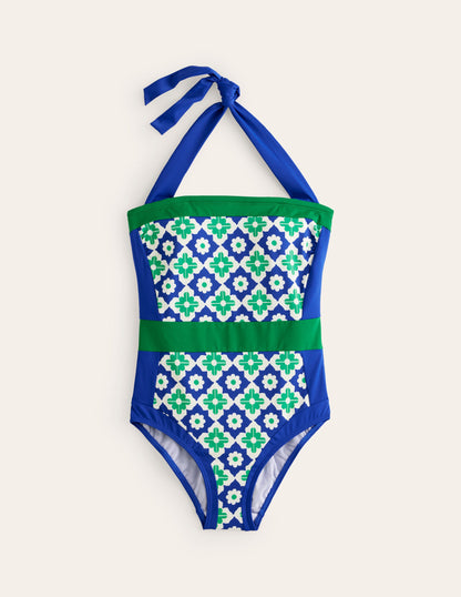 Santorini Halterneck Swimsuit-Surf The Web, Geometric Stamp