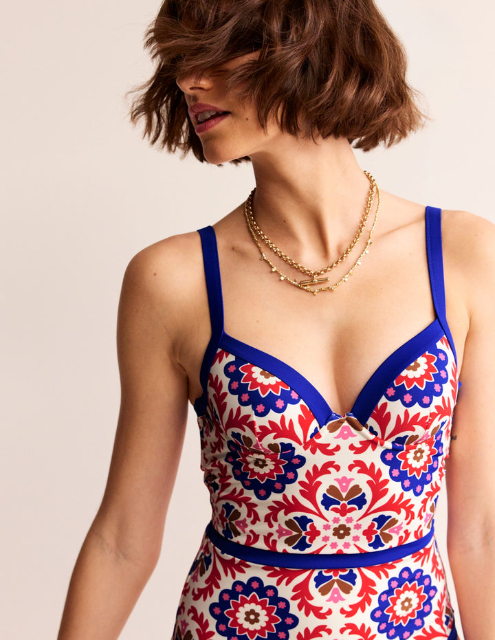 Maillot de bain à accents colorés et bonnets-Rubicond, motif Mosaic Bloom