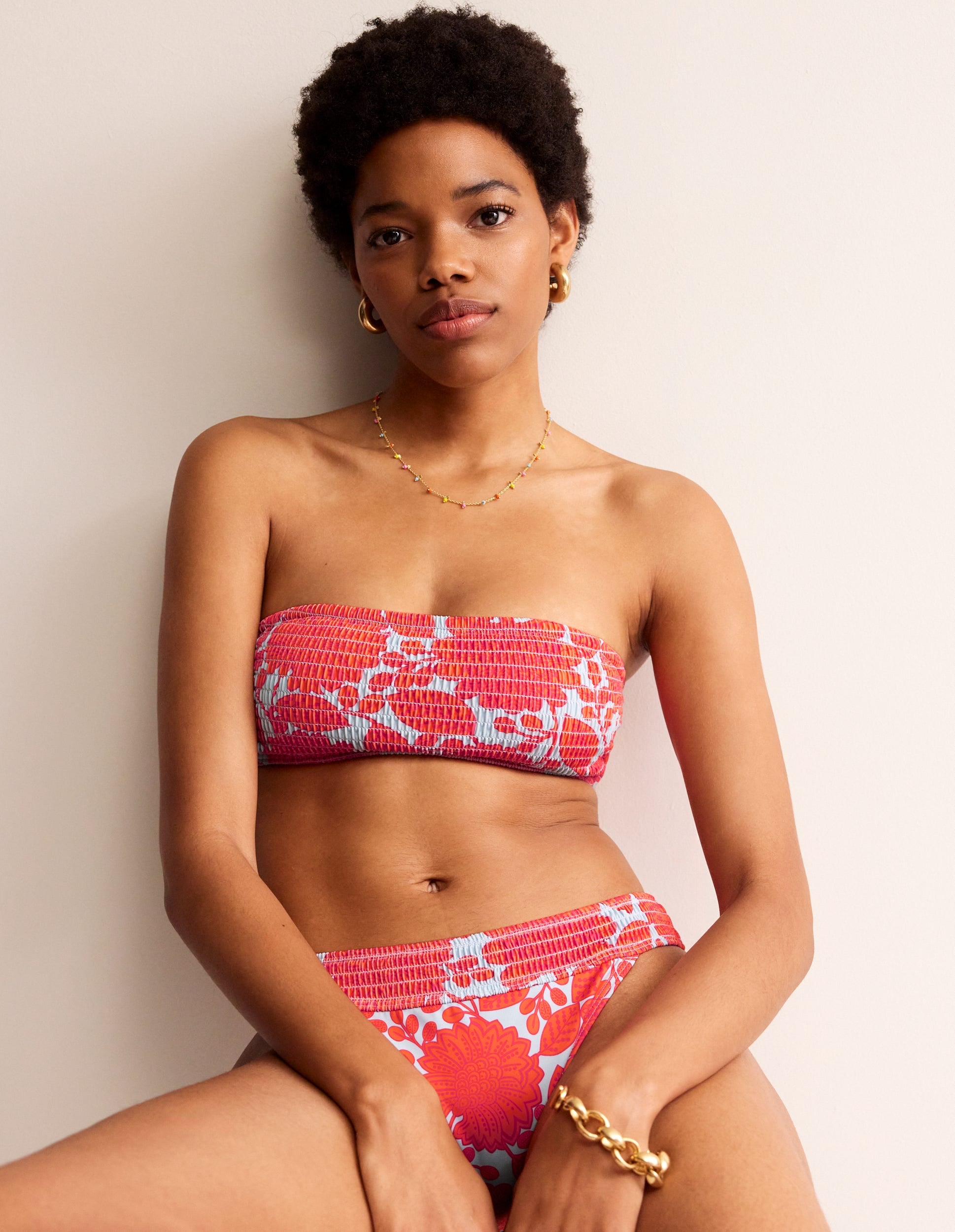 Milos Smocked  Bikini Top-Fire Cracker, Gardenia Swirl - Image 1