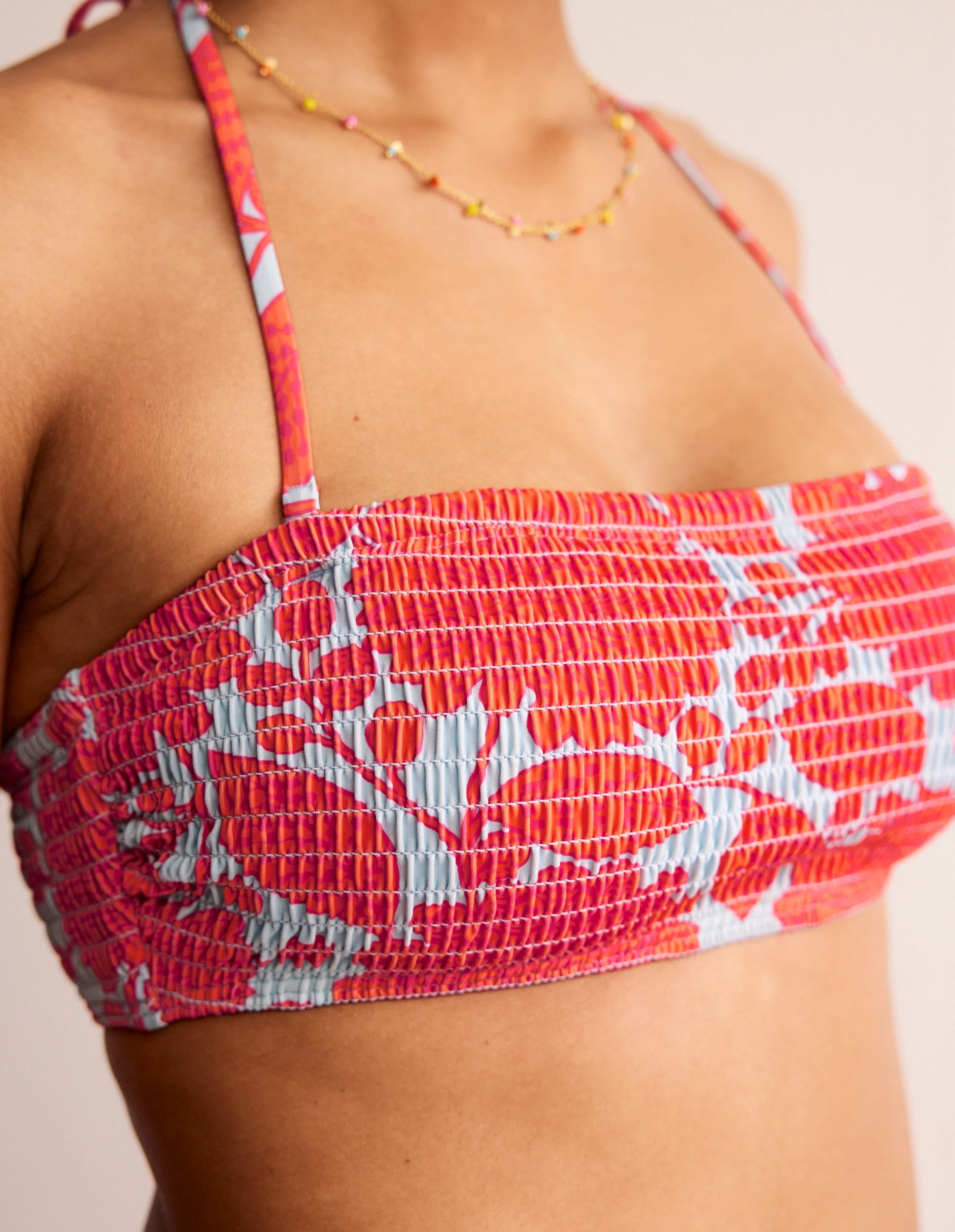 Milos Smocked  Bikini Top-Fire Cracker, Gardenia Swirl - Image 2