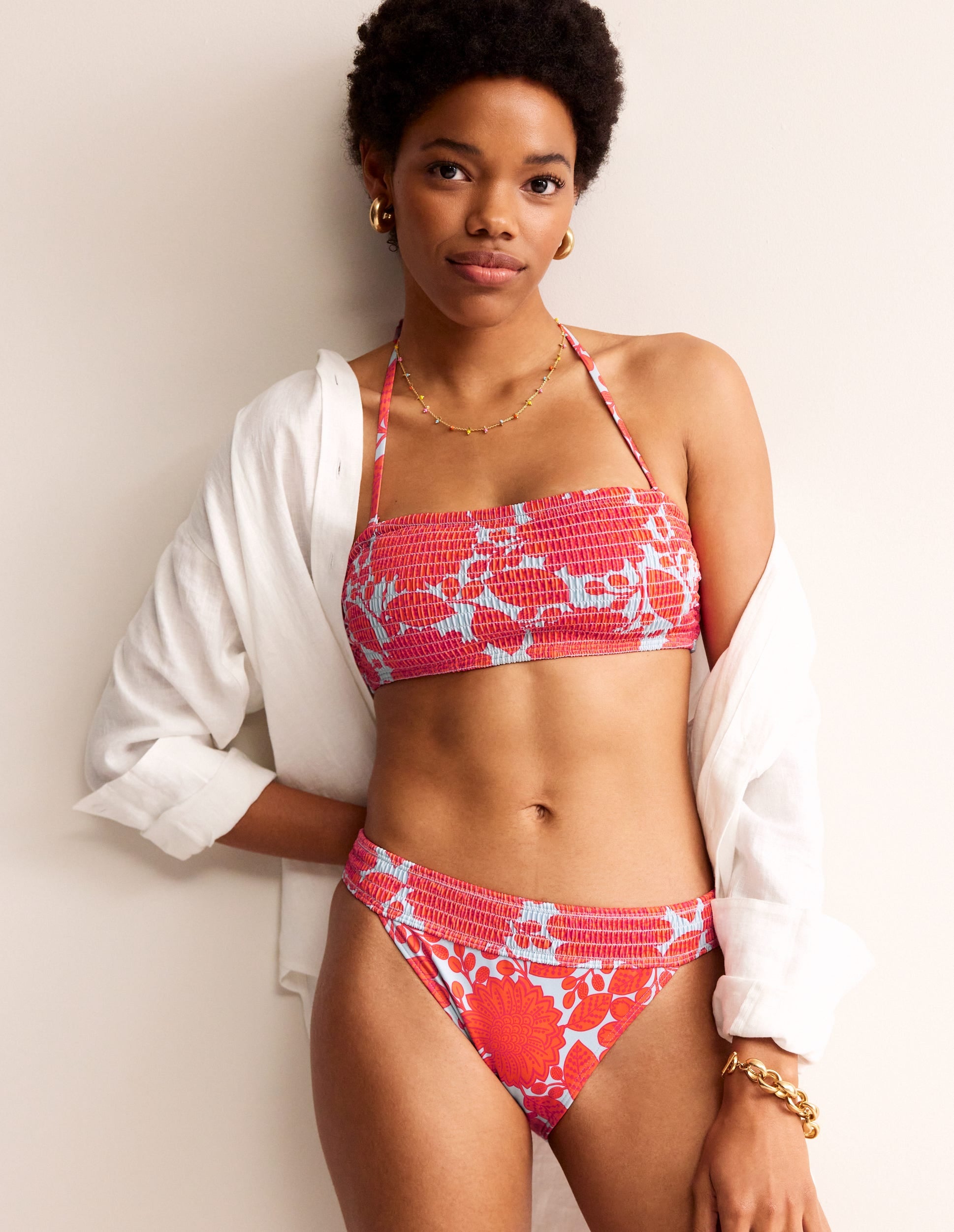 Milos Smocked  Bikini Top-Fire Cracker, Gardenia Swirl - Image 4