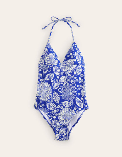 Maillot de bain Symi à liens-Bleu connecté, motif Gardenia Swirl