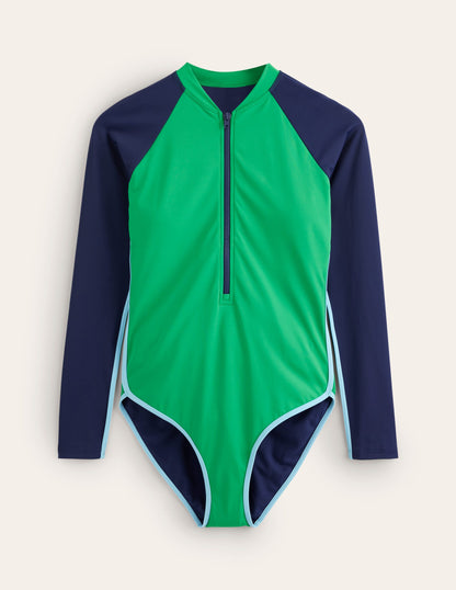 Badeanzug mit Paspelierung und Raglanärmeln-Marineblau Blockfarben-5
