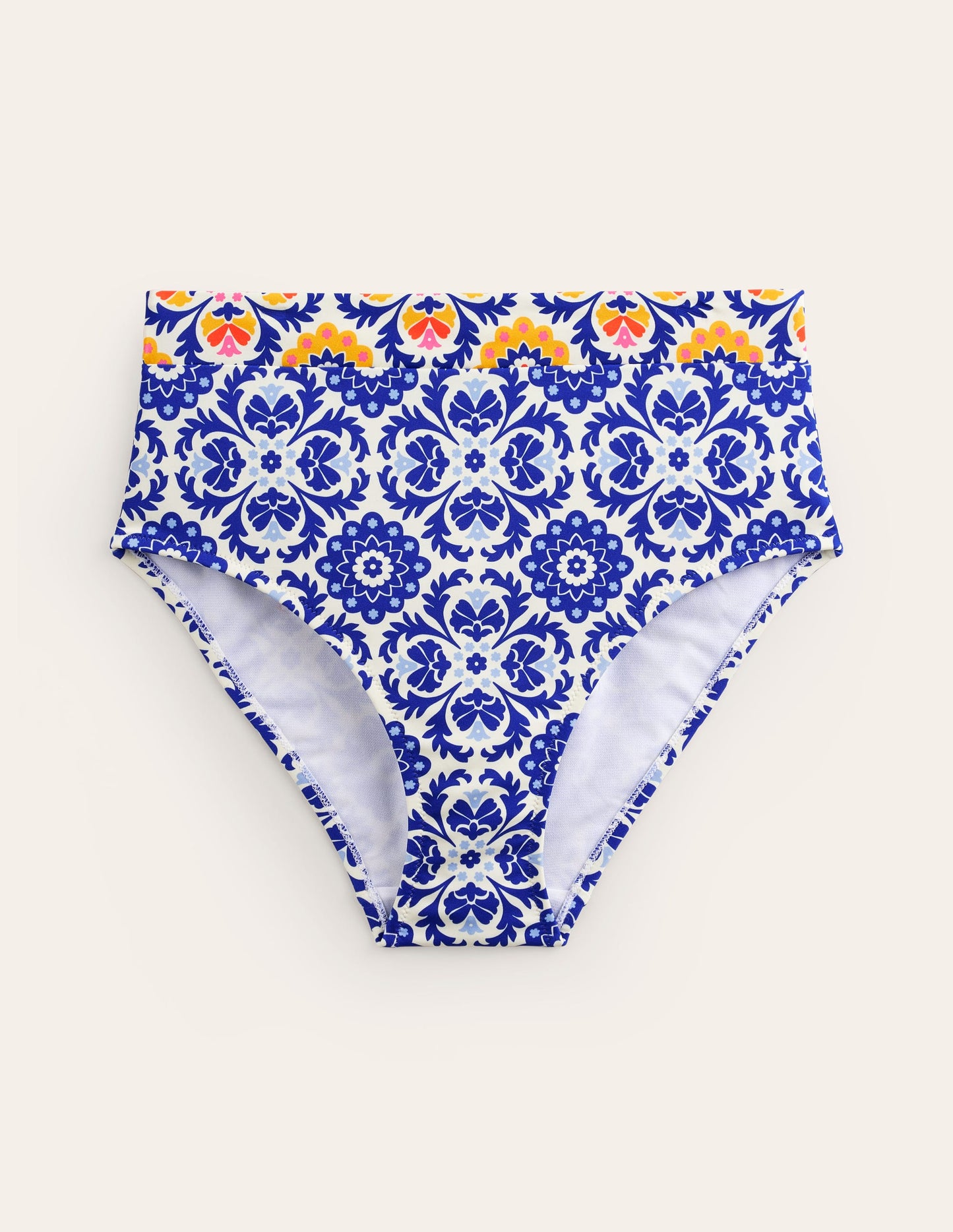 Bas de bikini taille haute à empiècement-Bleu connecté, motif Mosaic Bloom