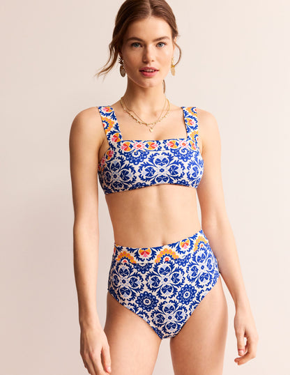 Bas de bikini taille haute à empiècement-Bleu connecté, motif Mosaic Bloom-1