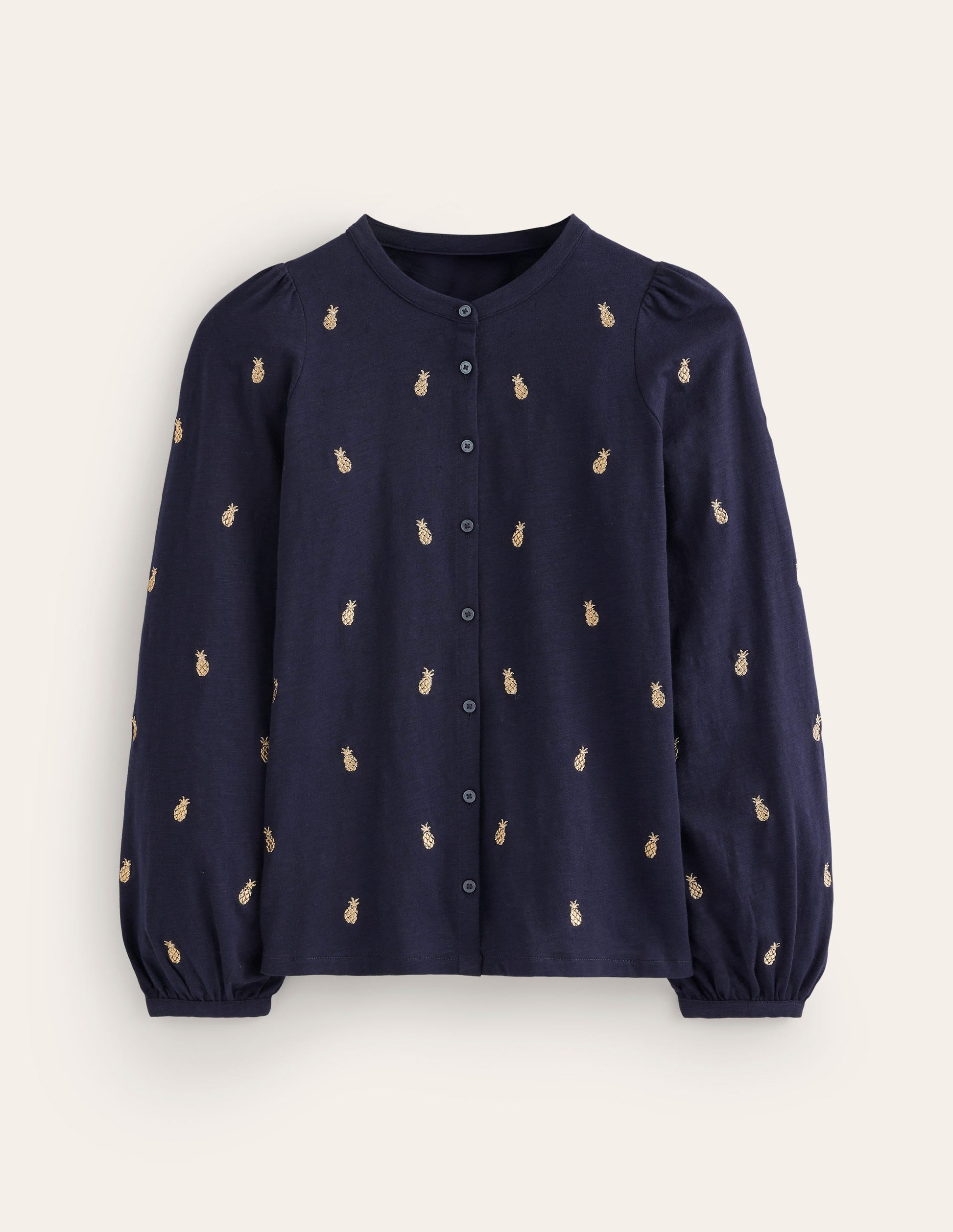 Marina Besticktes Hemd-Marineblau, Ananas Stickerei-7