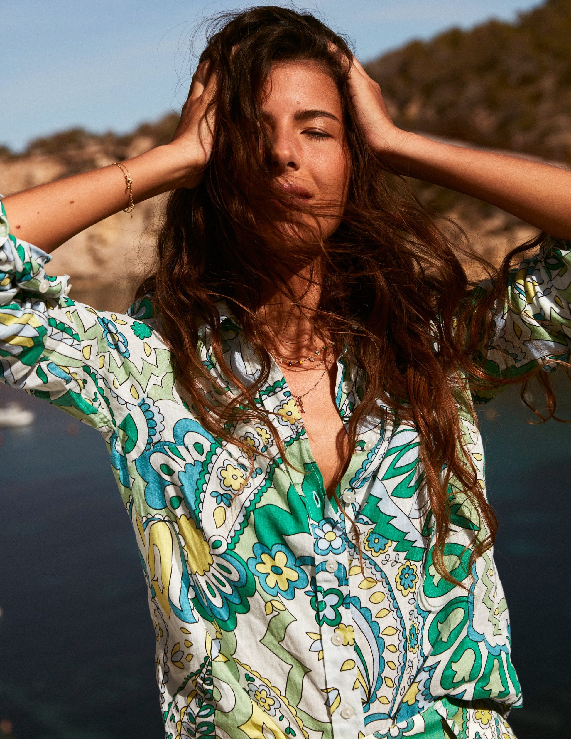 Sienna Leinenhemd-Smaragd, Blätter-Paisley-6