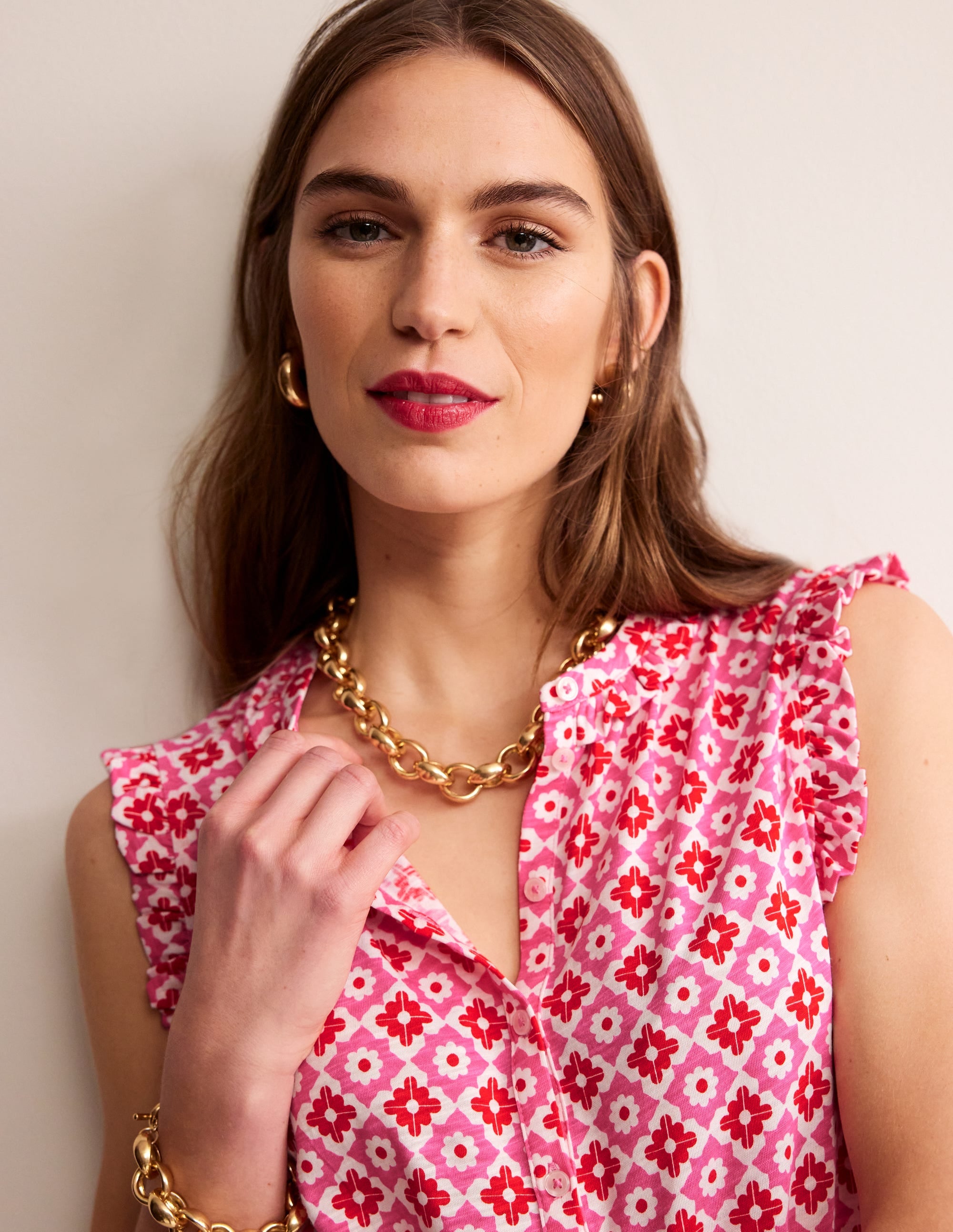 Chemise sans manches Olive-Rose puissant, motif Geometric Stamp - Image 1