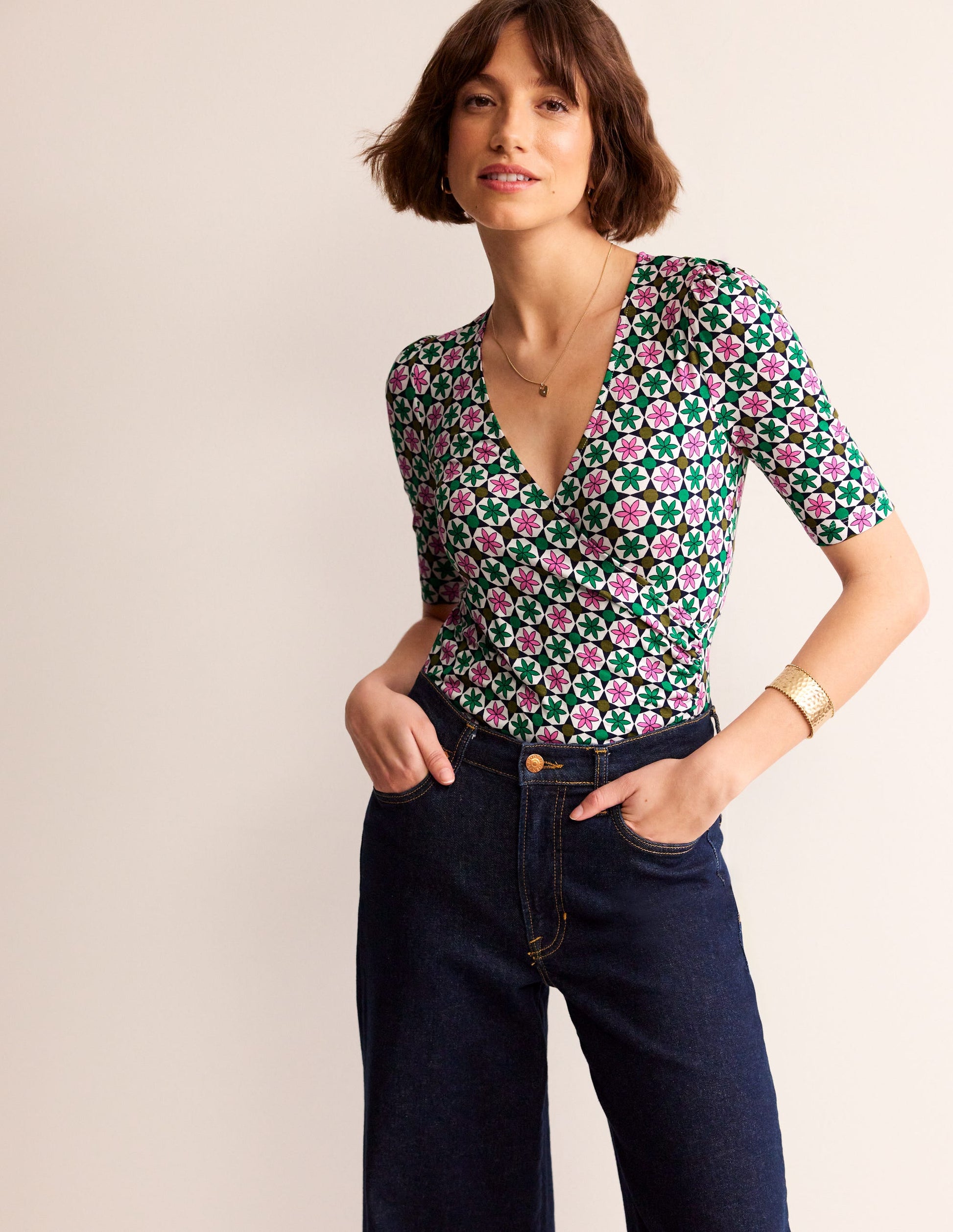 Wrap Front Jersey Top-Multi, Botanic Tile-1