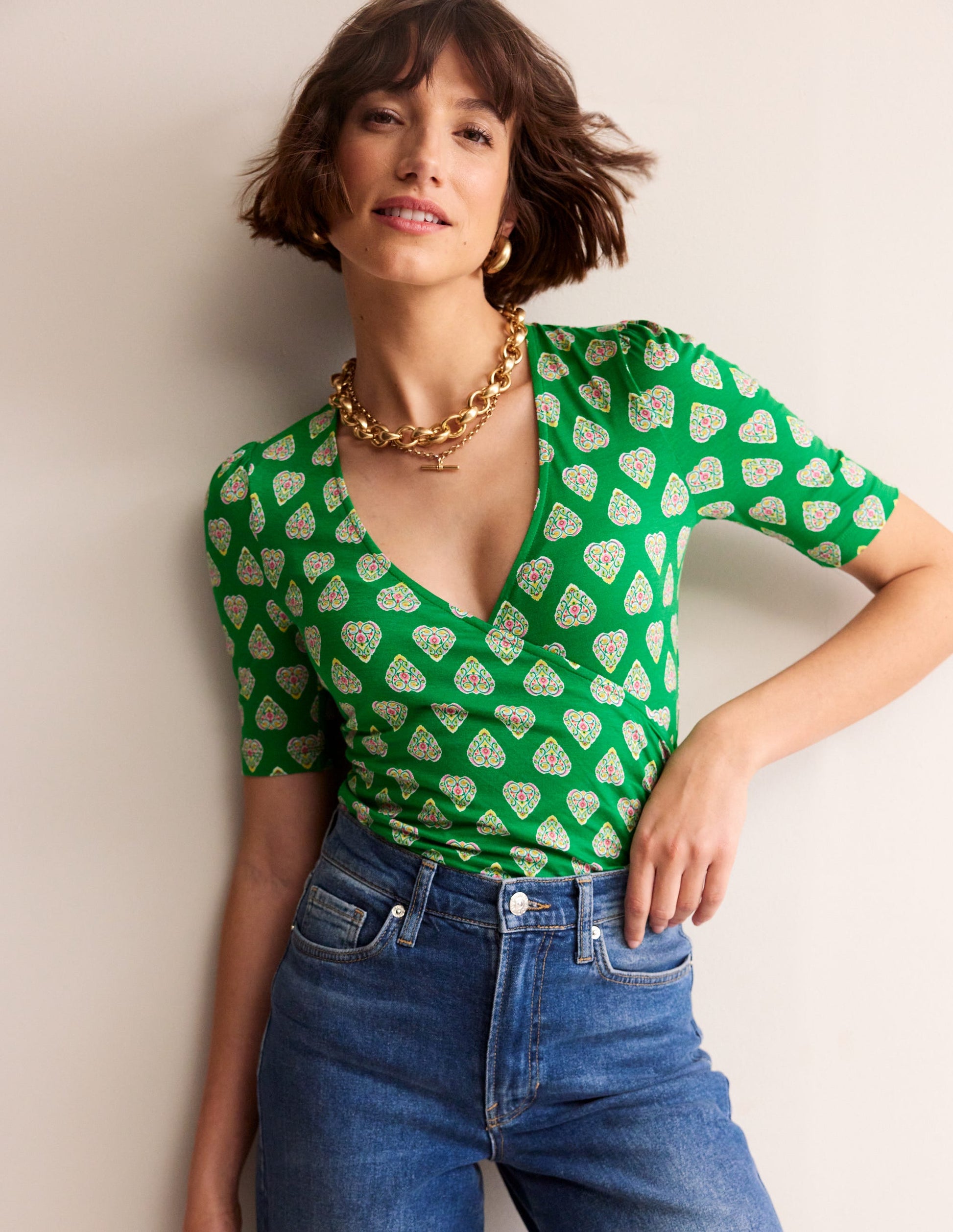 Top croisé en jersey-Vert tambourin, motif Flora Stamp-1