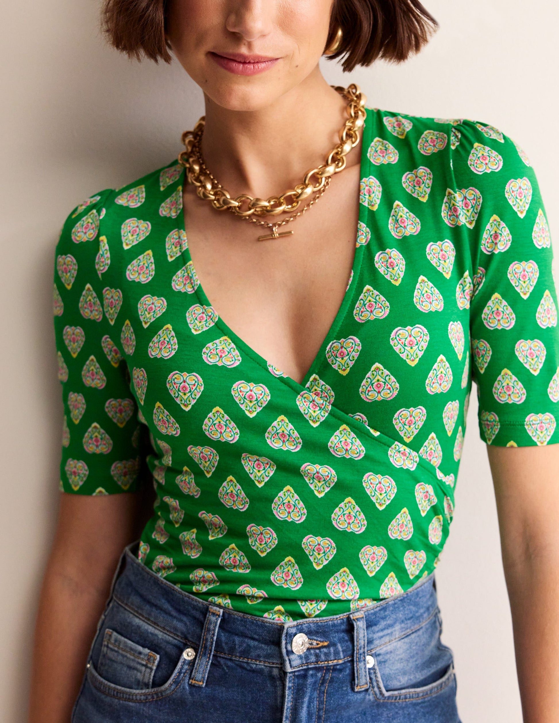 Top croisé en jersey-Vert tambourin, motif Flora Stamp-2
