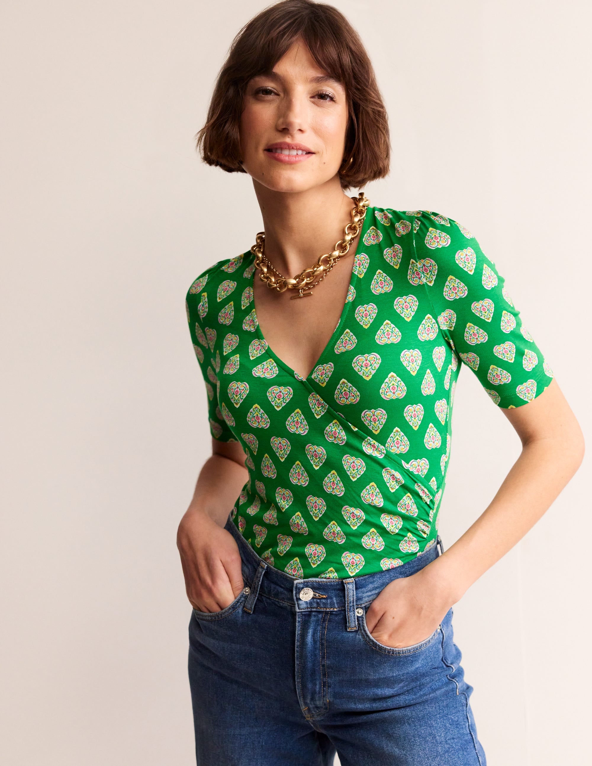 Top croisé en jersey-Vert tambourin, motif Flora Stamp - Image 4