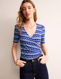 Wrap Front Jersey Top-Blue, Abstract Illusion